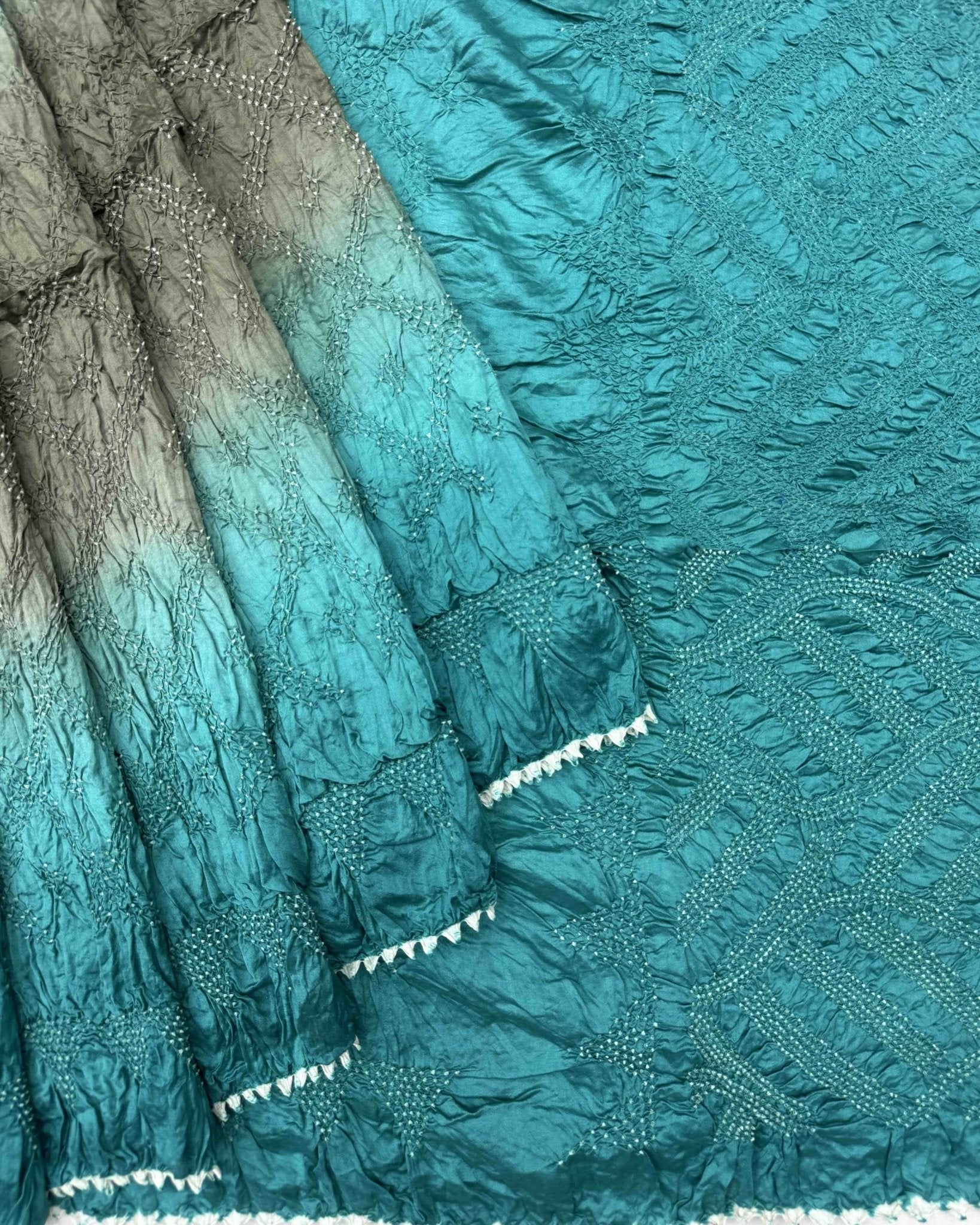 Turquoise & Brown Shaded Chiniya Bandhani Saree - SindhoiPatolaArt