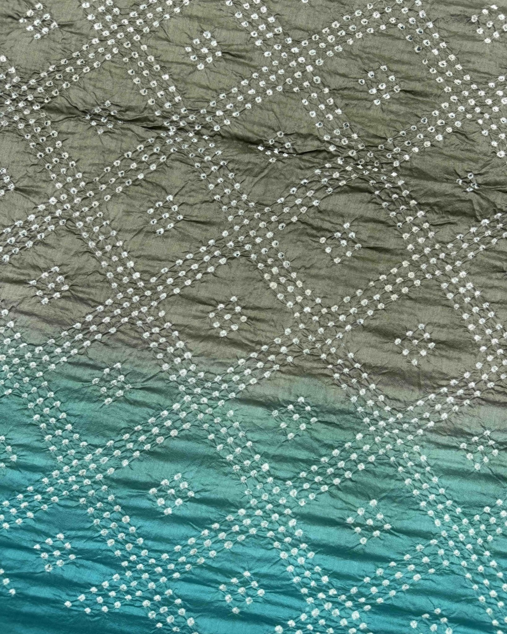 Turquoise & Brown Shaded Chiniya Bandhani Saree - SindhoiPatolaArt