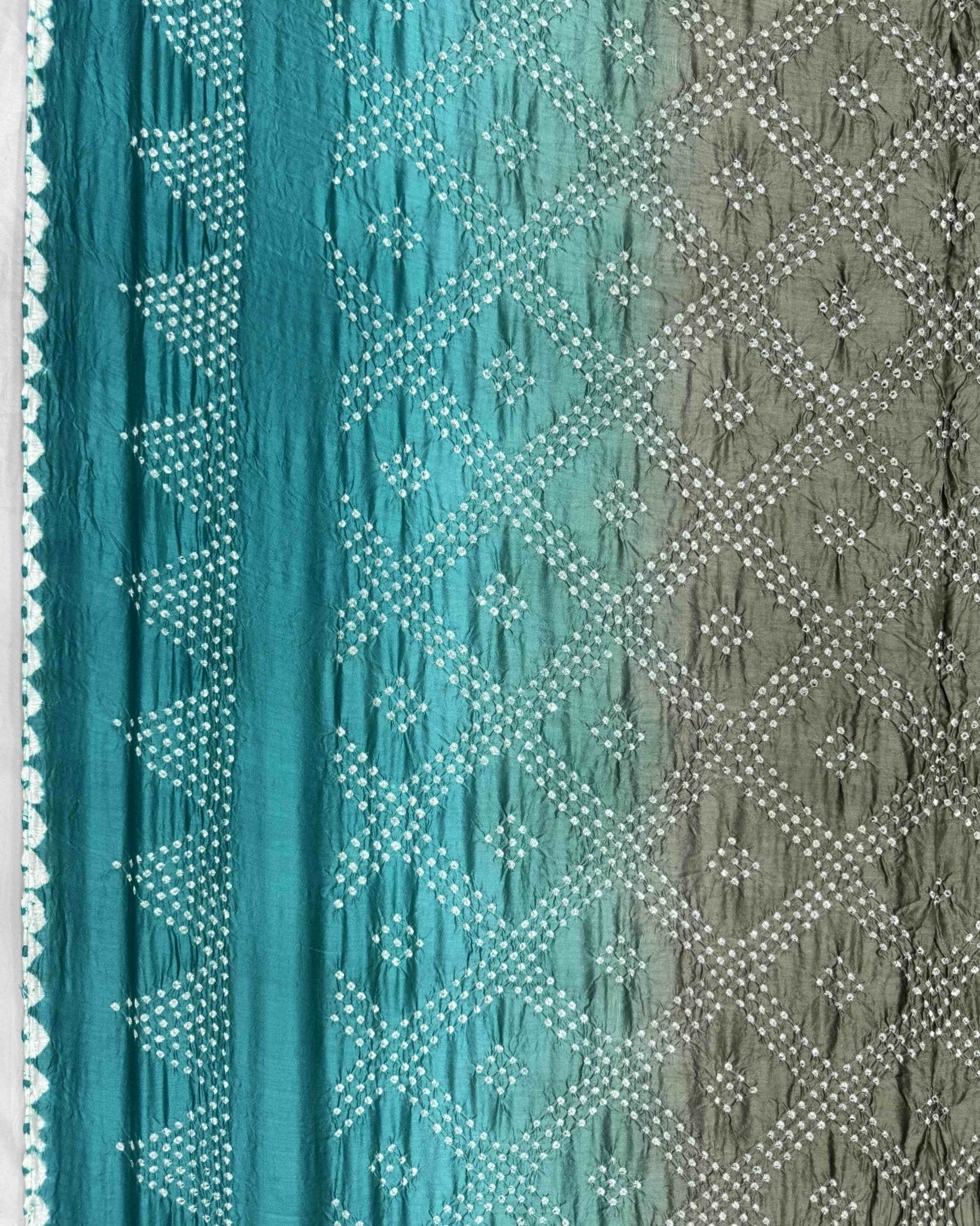 Turquoise & Brown Shaded Chiniya Bandhani Saree - SindhoiPatolaArt