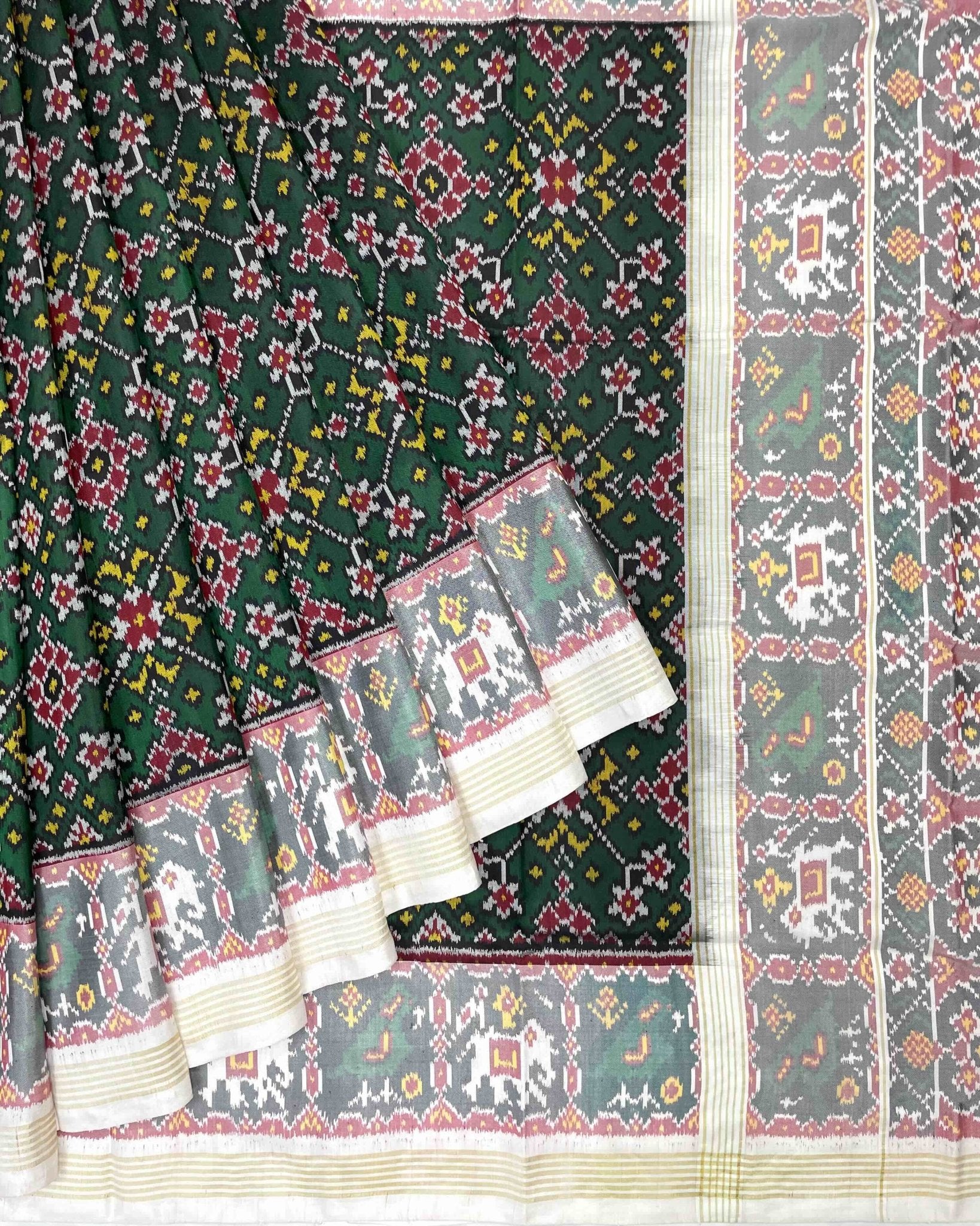 White & Green Navratan Designer Patola Saree - SindhoiPatolaArt