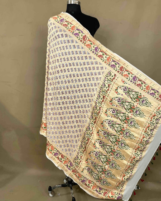 White Meenakari Bandhani Dupatta - SindhoiPatolaArt