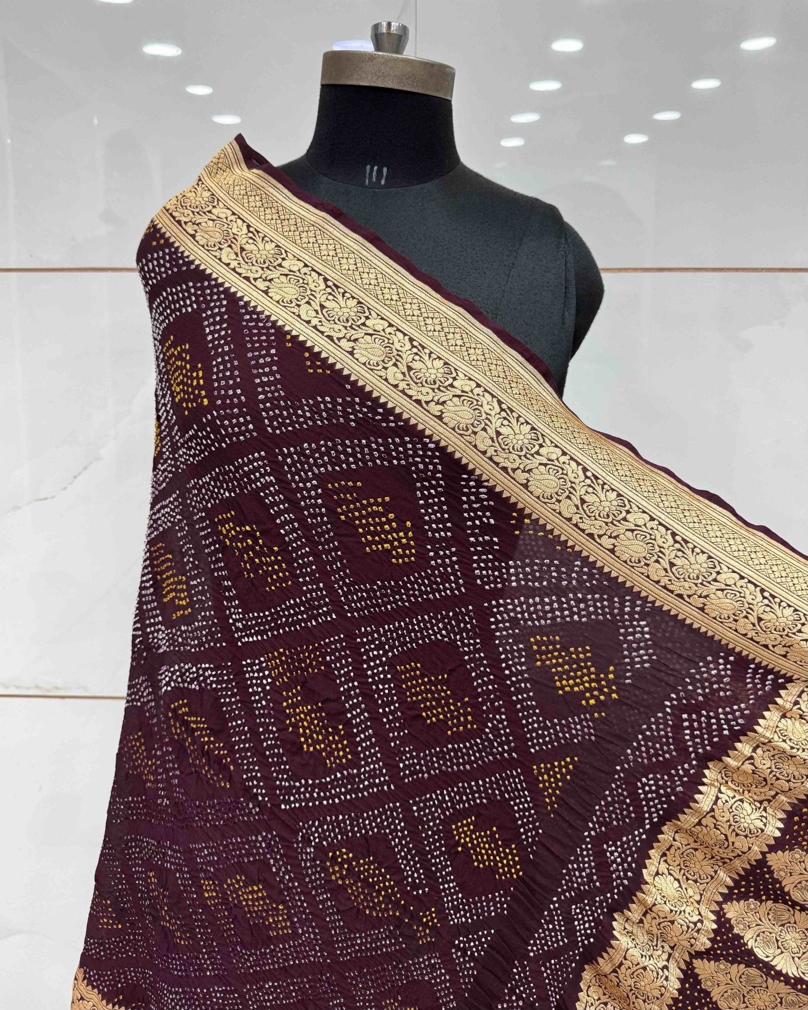 Wine Georgette Bandhani Dupatta - SindhoiPatolaArt