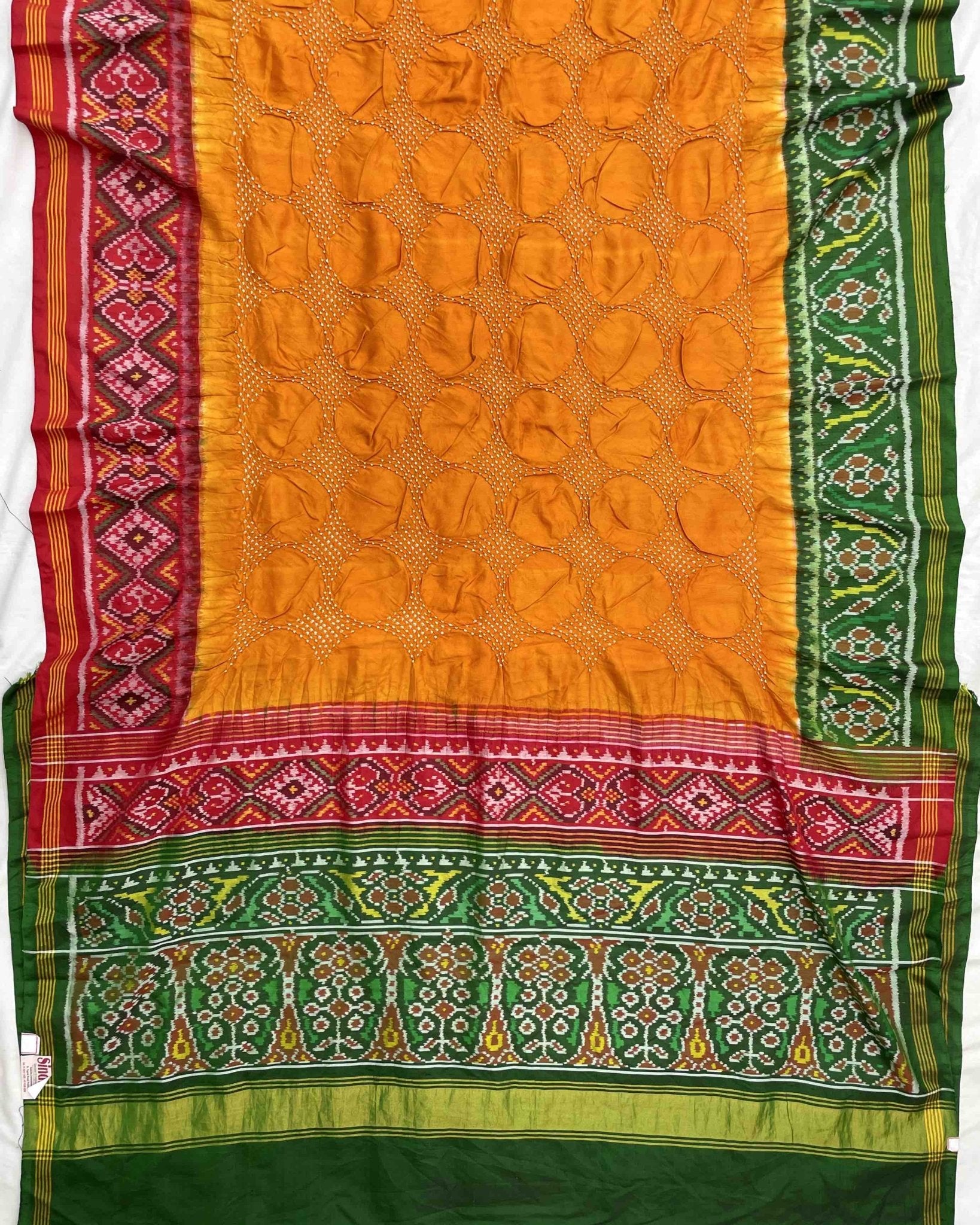 Yellow Ganga Jamuna Flower Design Pallu Patola Bandhej - SindhoiPatolaArt