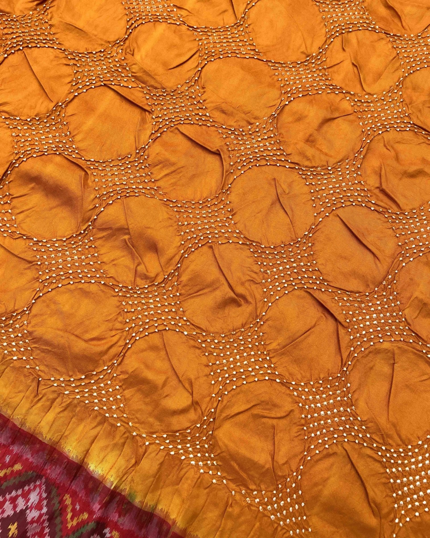 Yellow Ganga Jamuna Flower Design Pallu Patola Bandhej - SindhoiPatolaArt