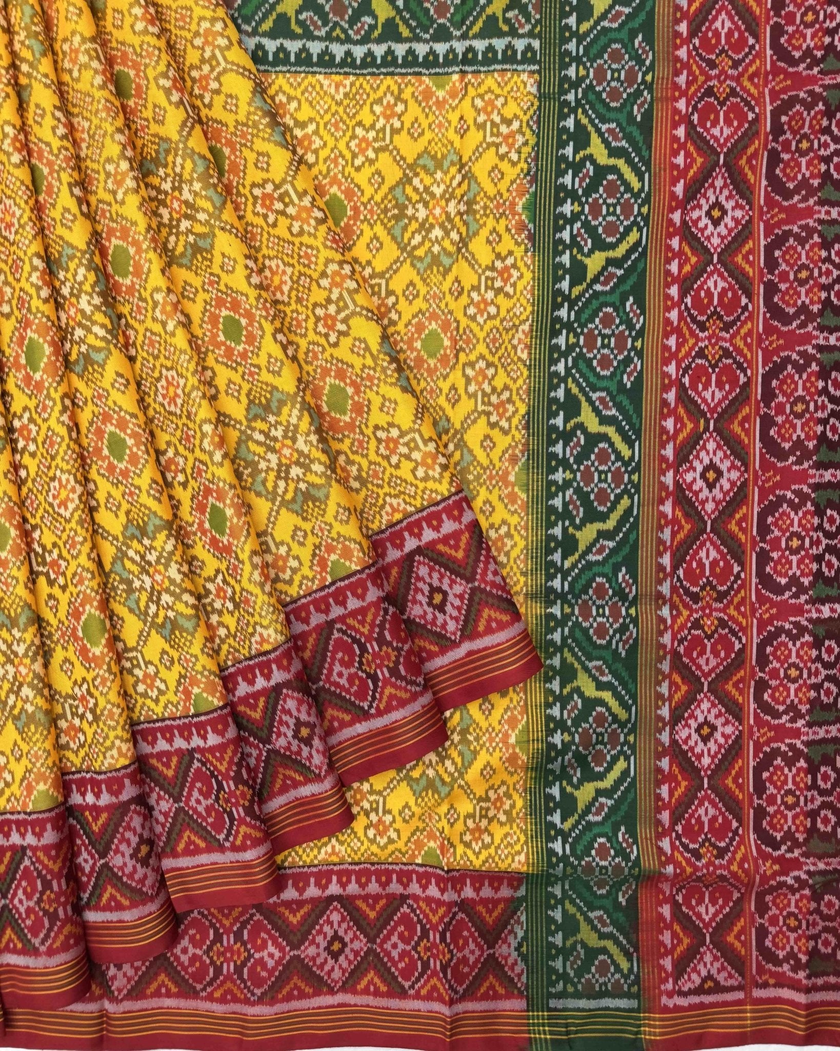 Yellow Ganga Jamuna Navratan Semi Double Ikat Patola Saree - SindhoiPatolaArt