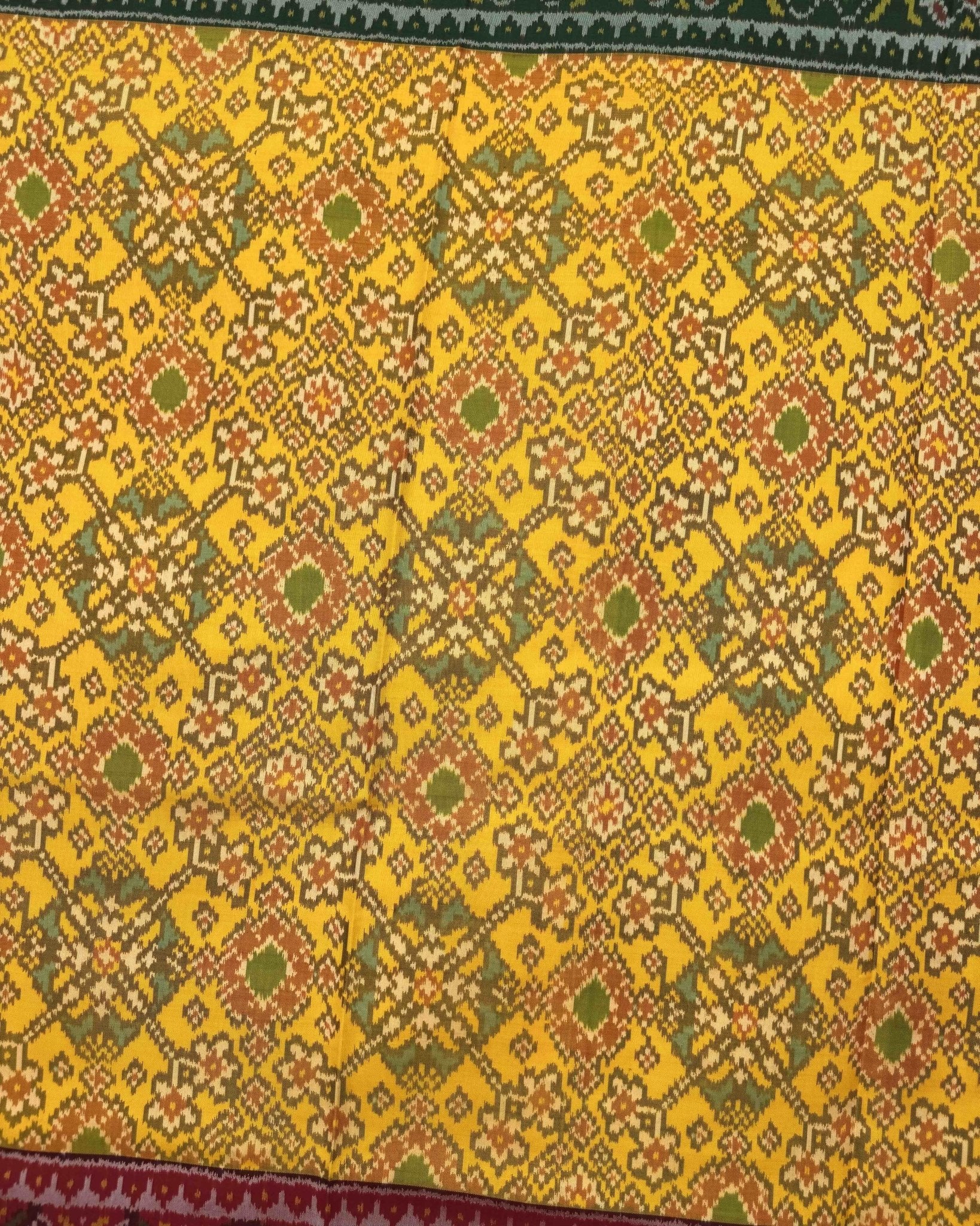 Yellow Ganga Jamuna Navratan Semi Double Ikat Patola Saree - SindhoiPatolaArt
