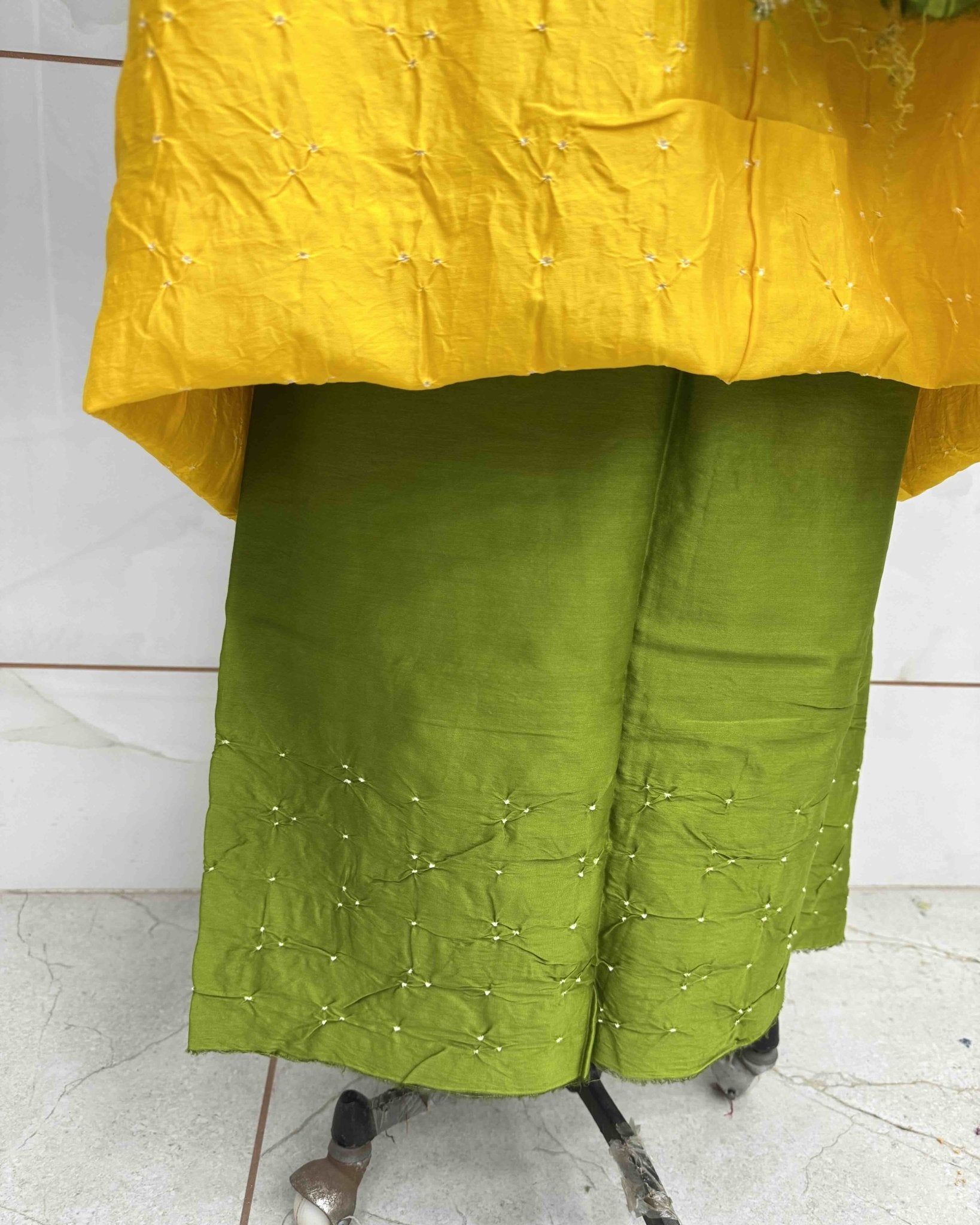 Yellow & Green Shaded Chanderi Silk Bandhani Dress Material - SindhoiPatolaArt