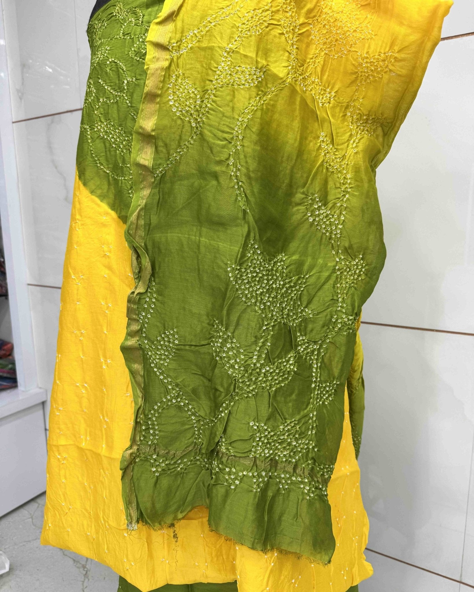 Yellow & Green Shaded Chanderi Silk Bandhani Dress Material - SindhoiPatolaArt