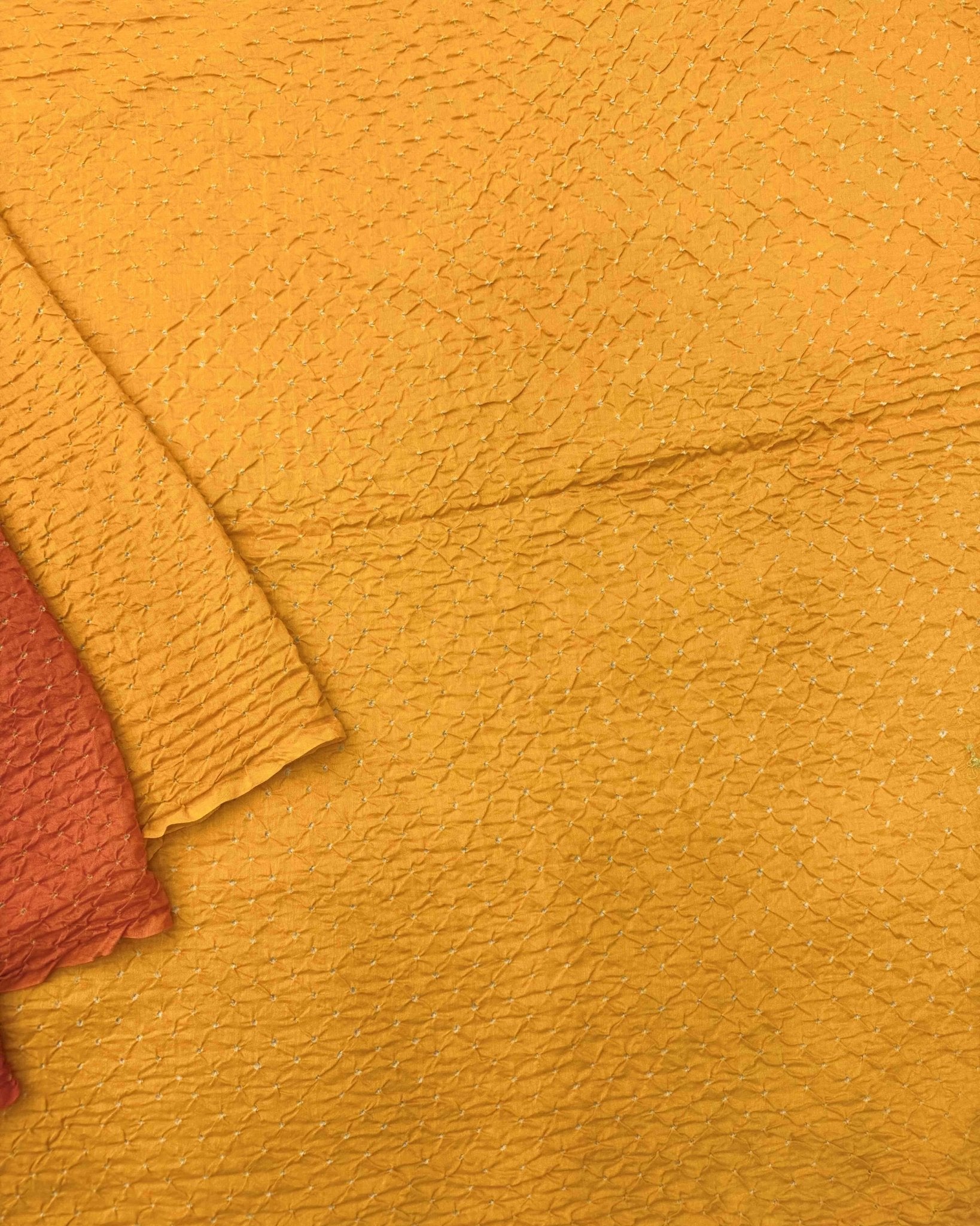 Yellow & Red Shaded Munga Silk Bandhani Saree - SindhoiPatolaArt