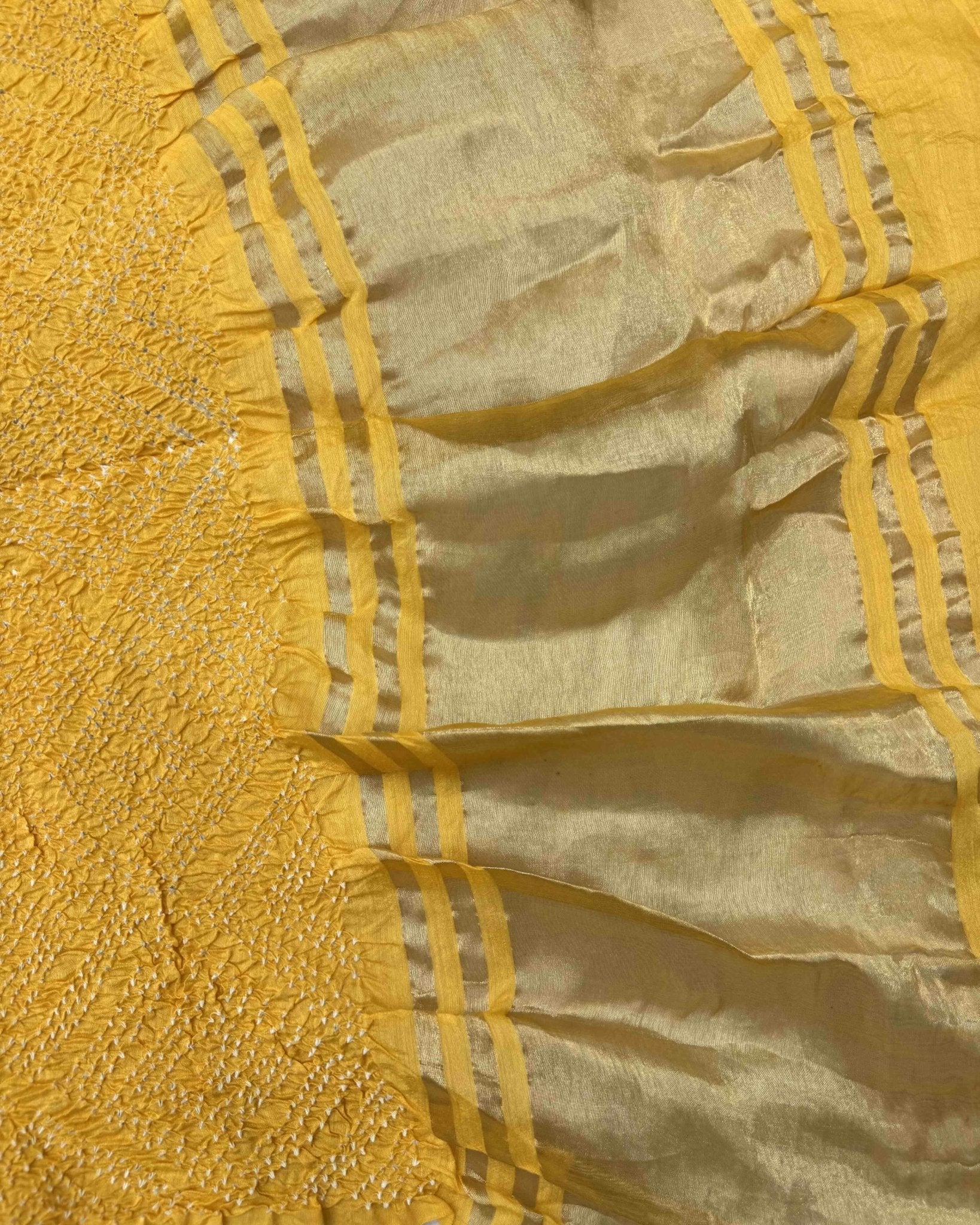 Yellow Tussar Silk Bandhani Saree - SindhoiPatolaArt