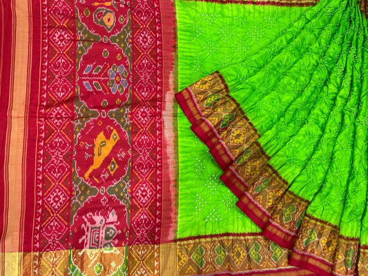 Red and parrot green patola with bandhej - SindhoiPatolaArt