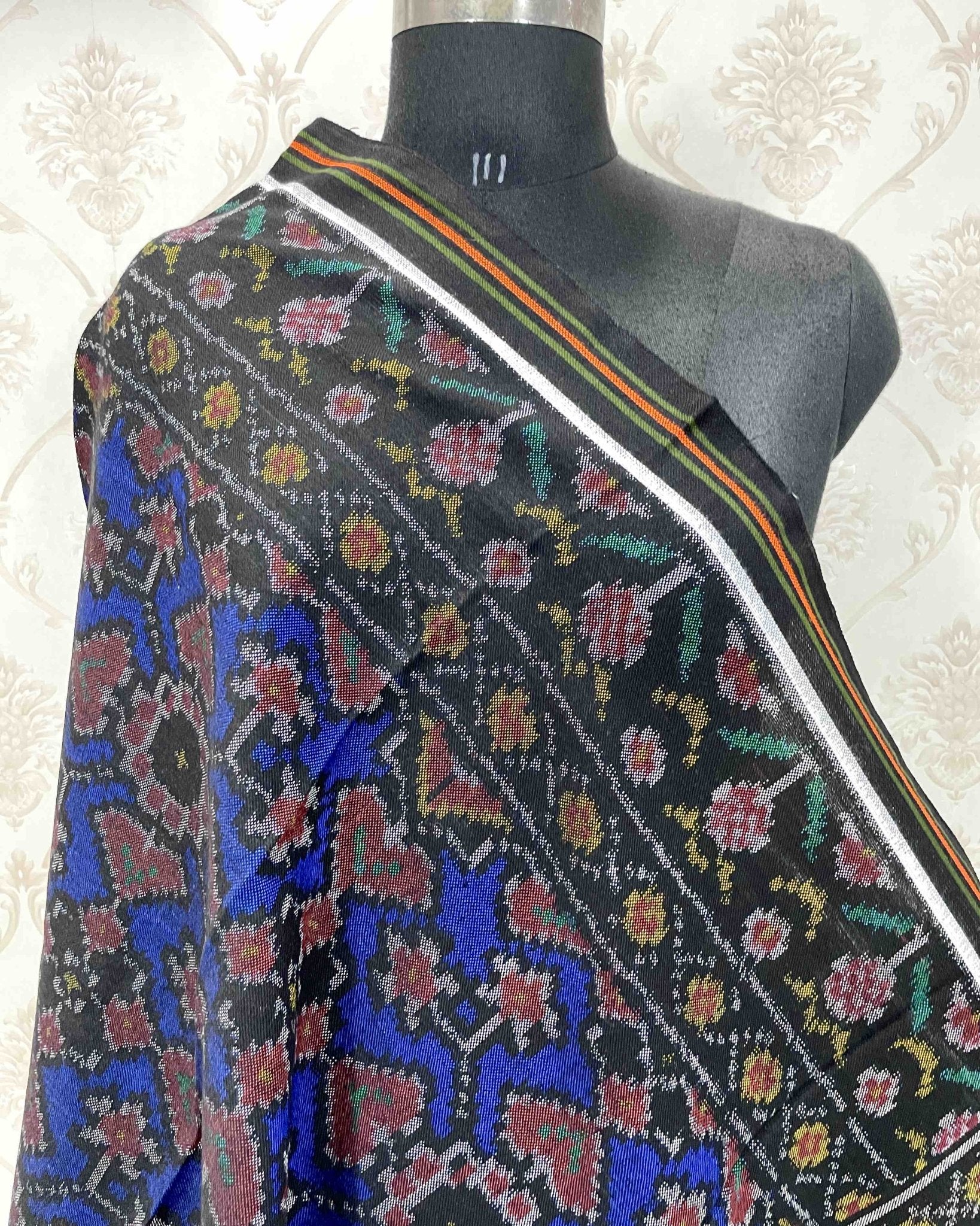 Black & Blue Navratan Patola Shawl - SindhoiPatolaArt