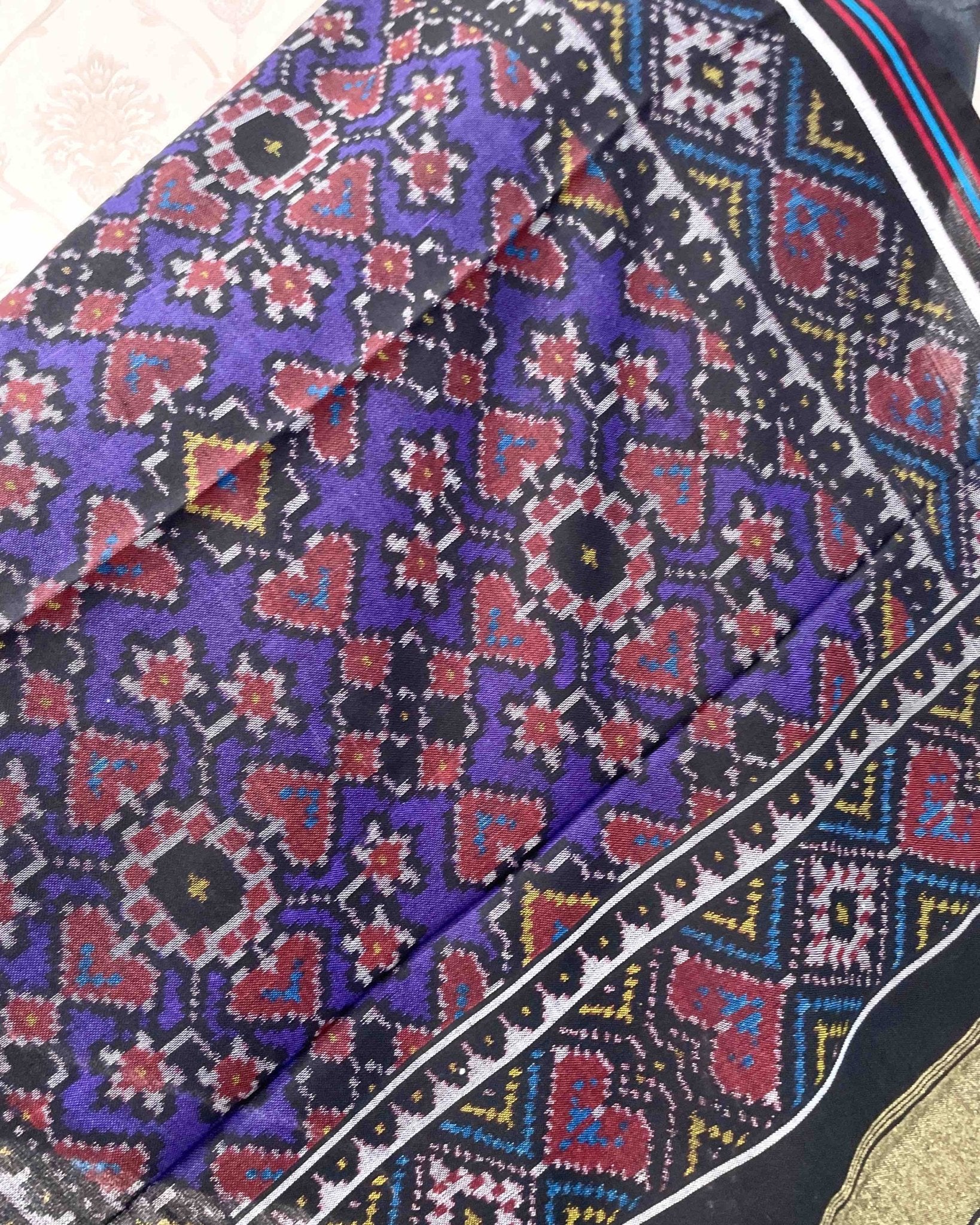 Black & Blue Navratan Patola Shawl - SindhoiPatolaArt