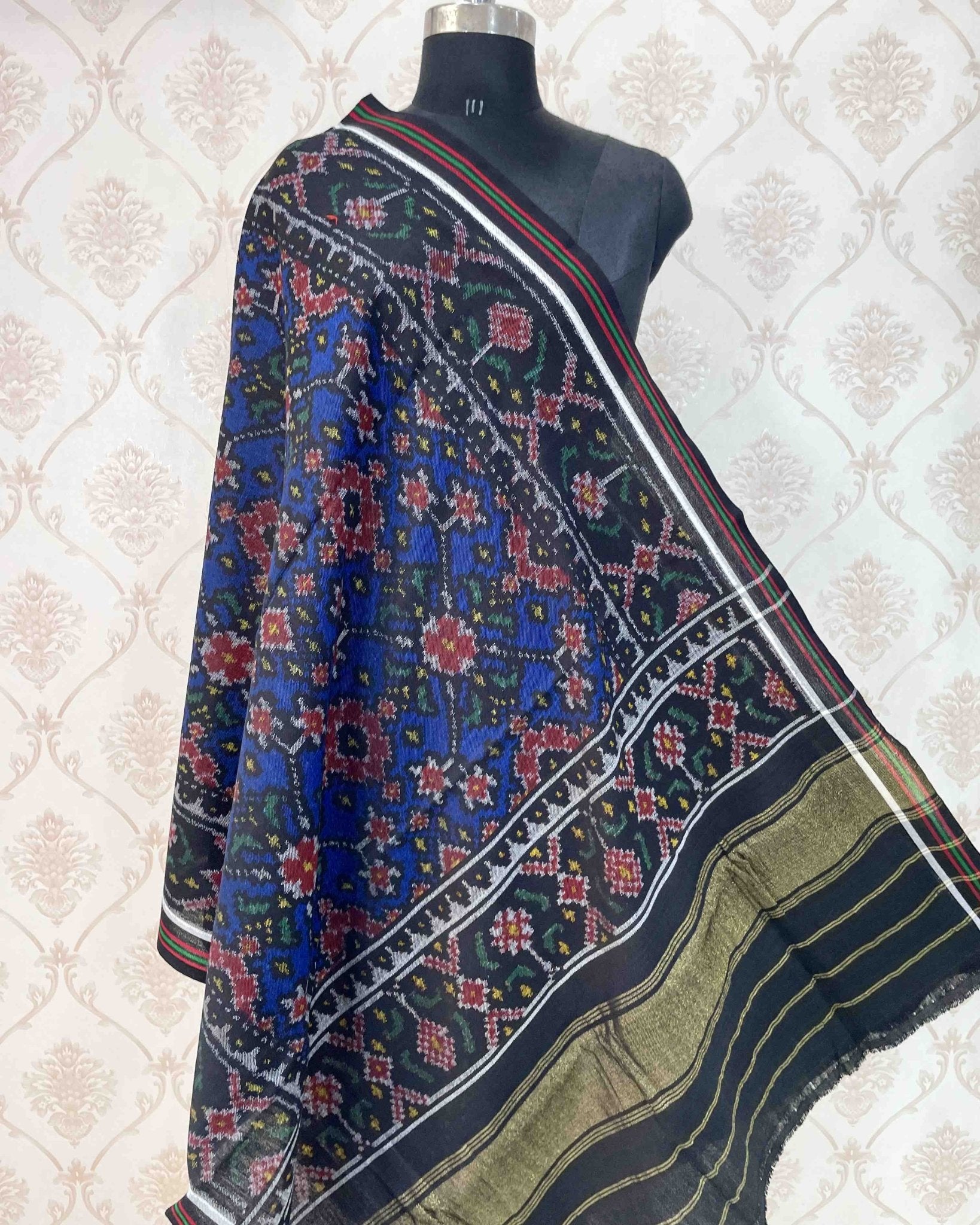 Black & Blue Navratan Patola Shawl - SindhoiPatolaArt