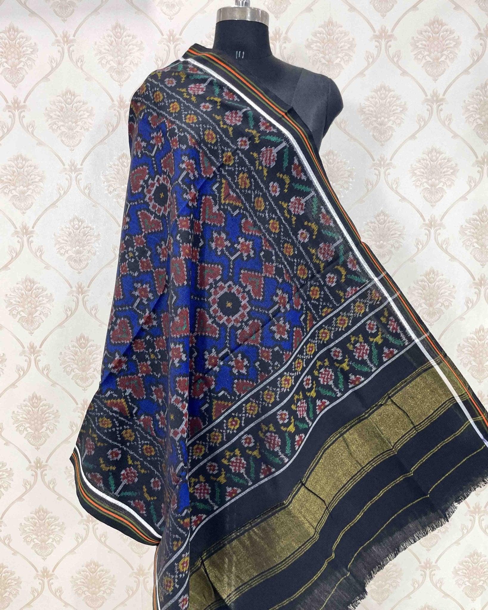 Black & Blue Navratan Patola Shawl - SindhoiPatolaArt