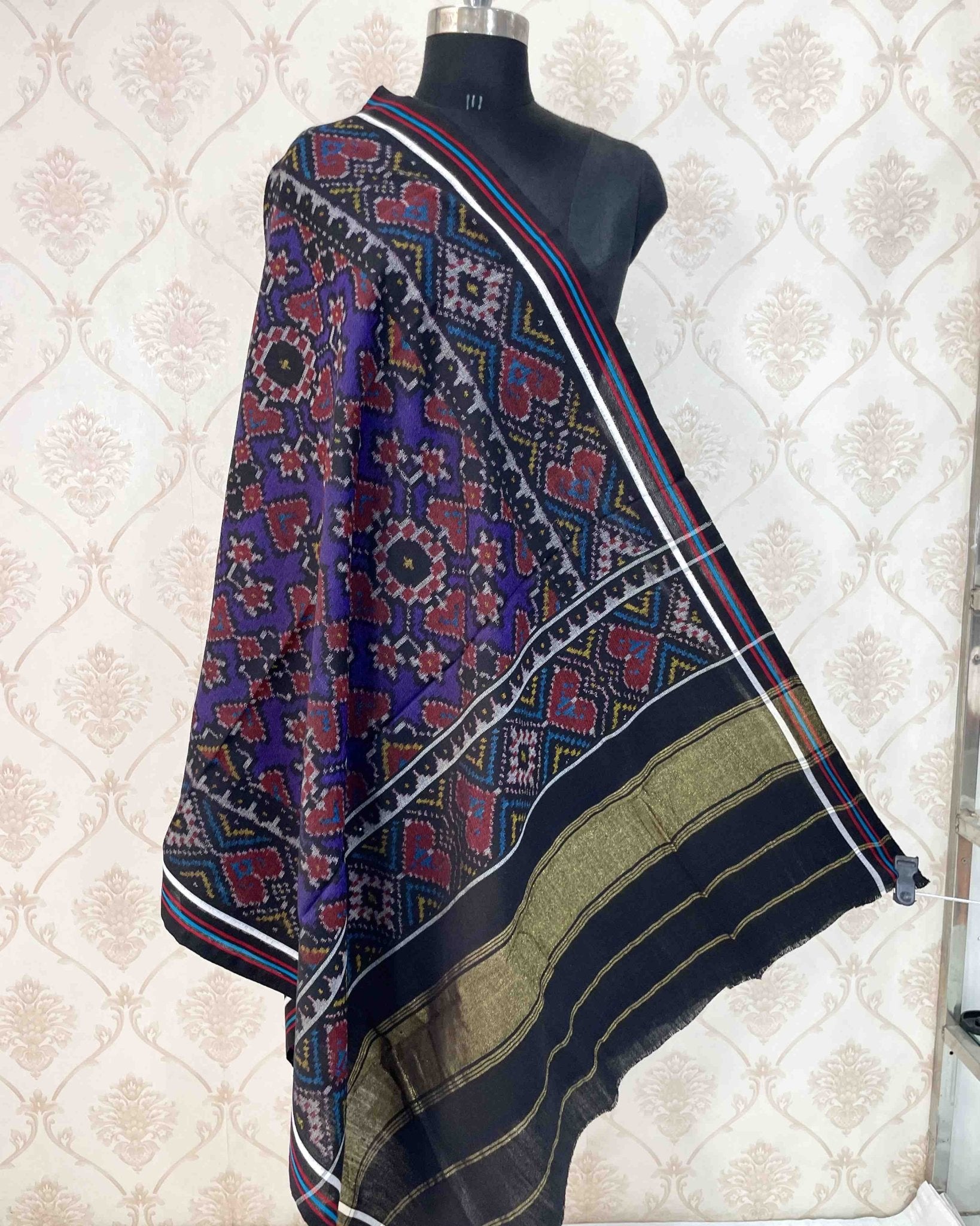 Black & Blue Navratan Patola Shawl - SindhoiPatolaArt