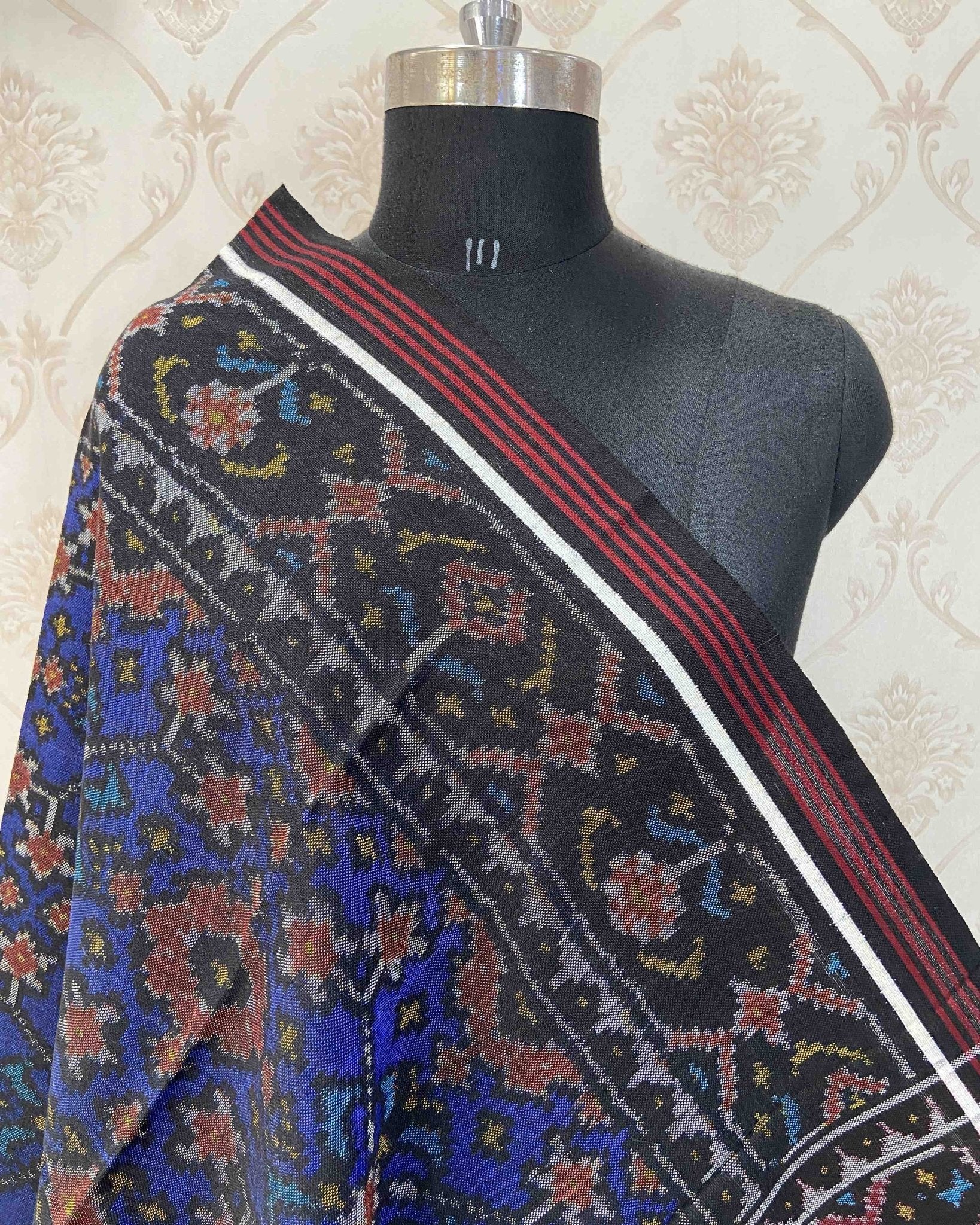Black & Blue Navratan Patola Shawl - SindhoiPatolaArt