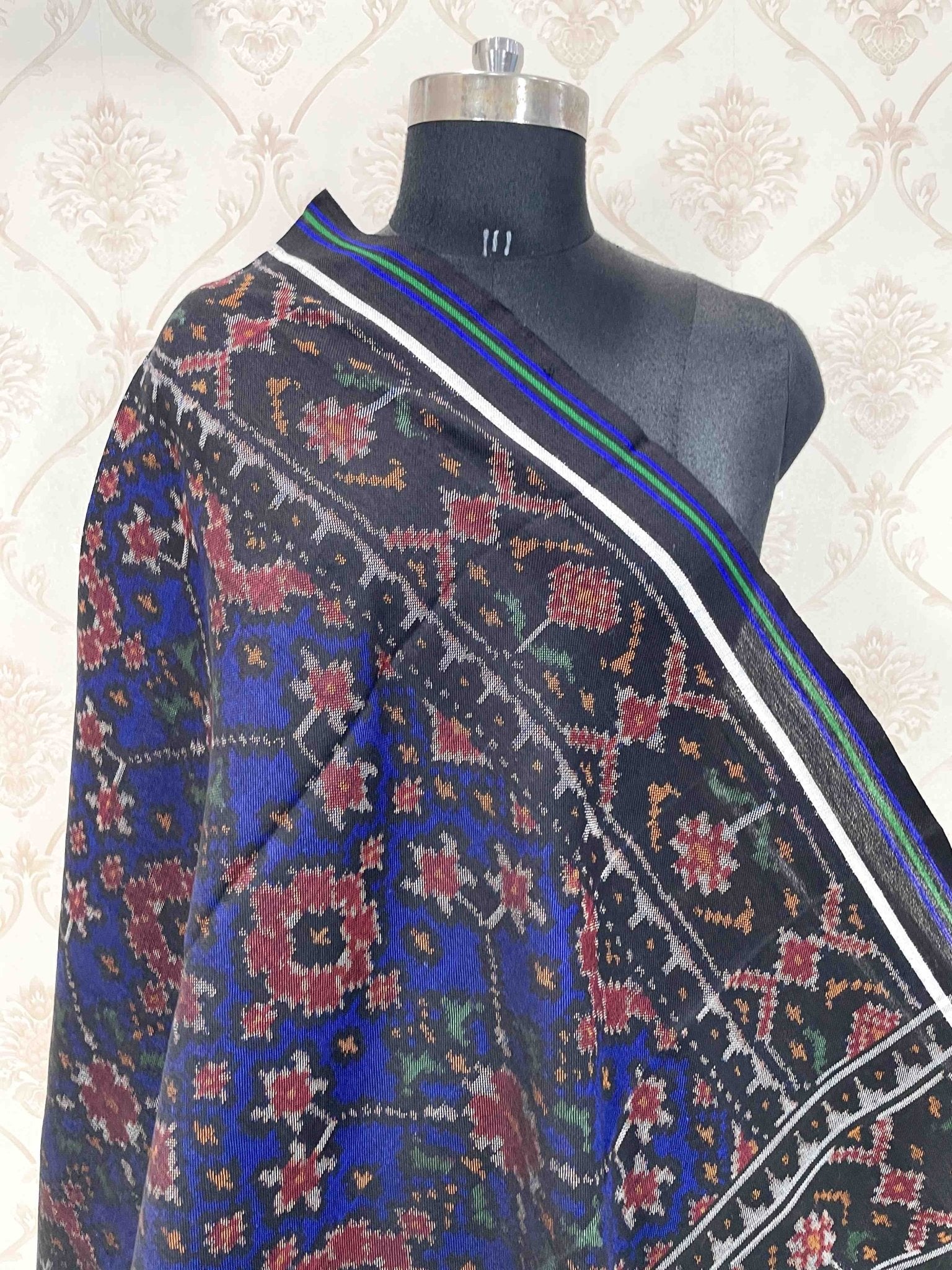 Black & Blue Navratan Patola Shawl - SindhoiPatolaArt