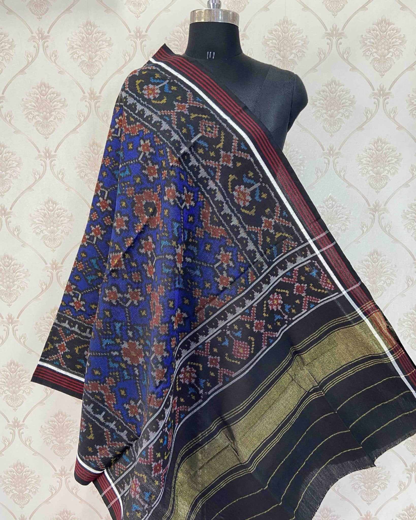 Black & Blue Navratan Patola Shawl - SindhoiPatolaArt