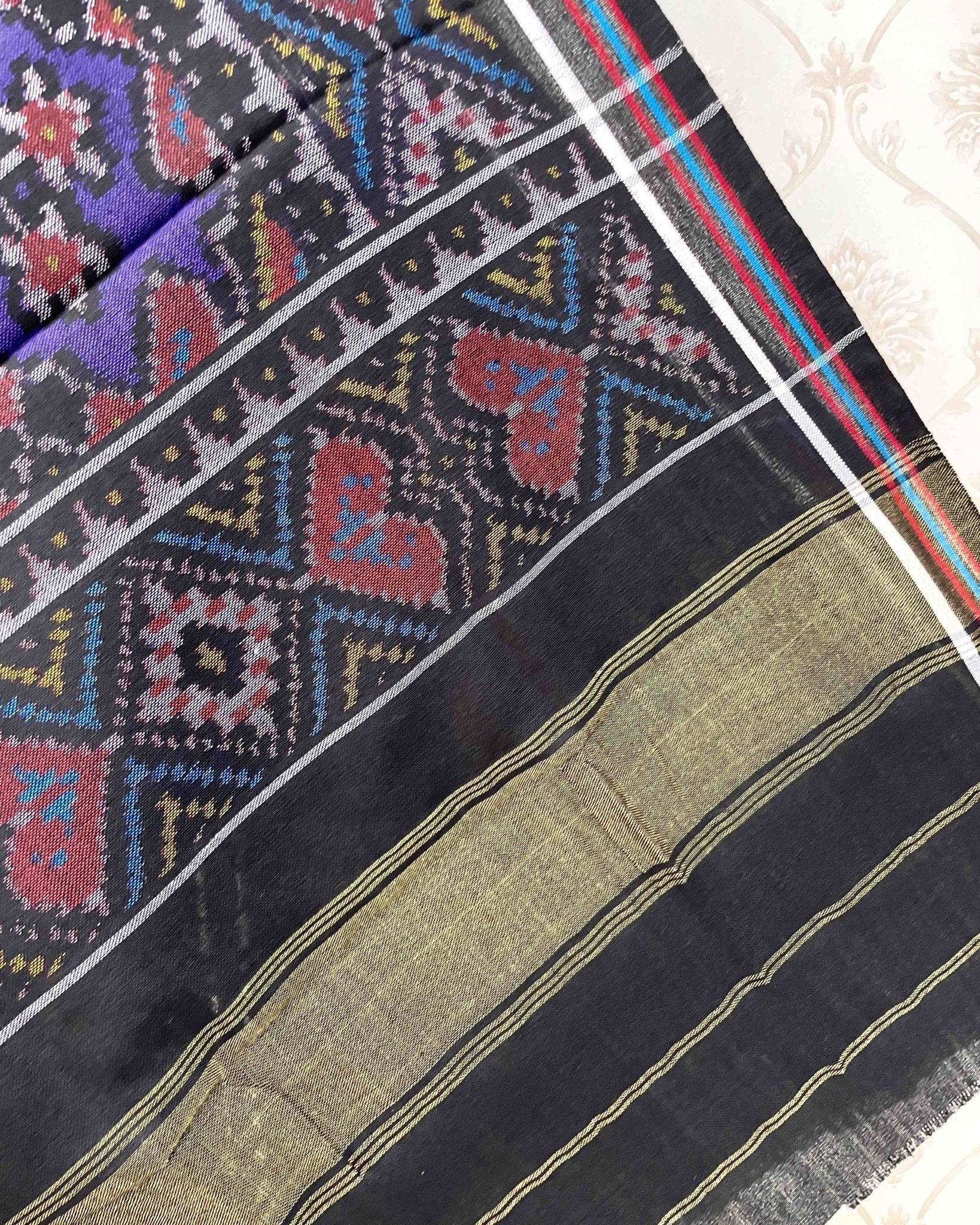 Black & Blue Navratan Patola Shawl - SindhoiPatolaArt