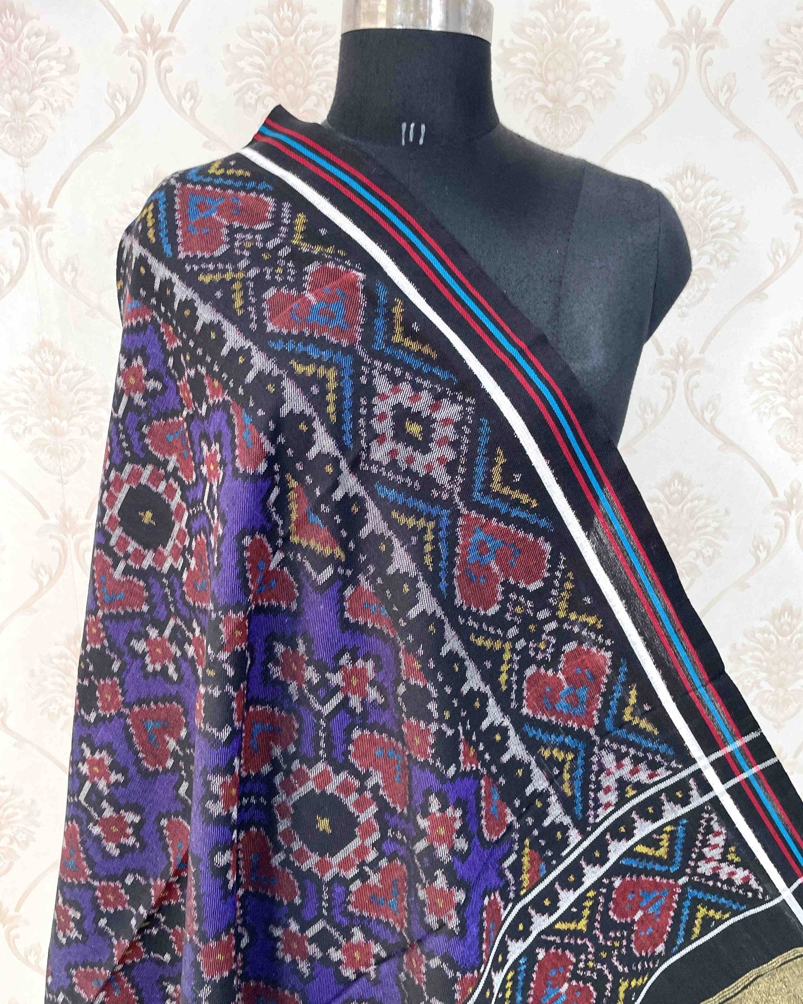 Black & Blue Navratan Patola Shawl - SindhoiPatolaArt