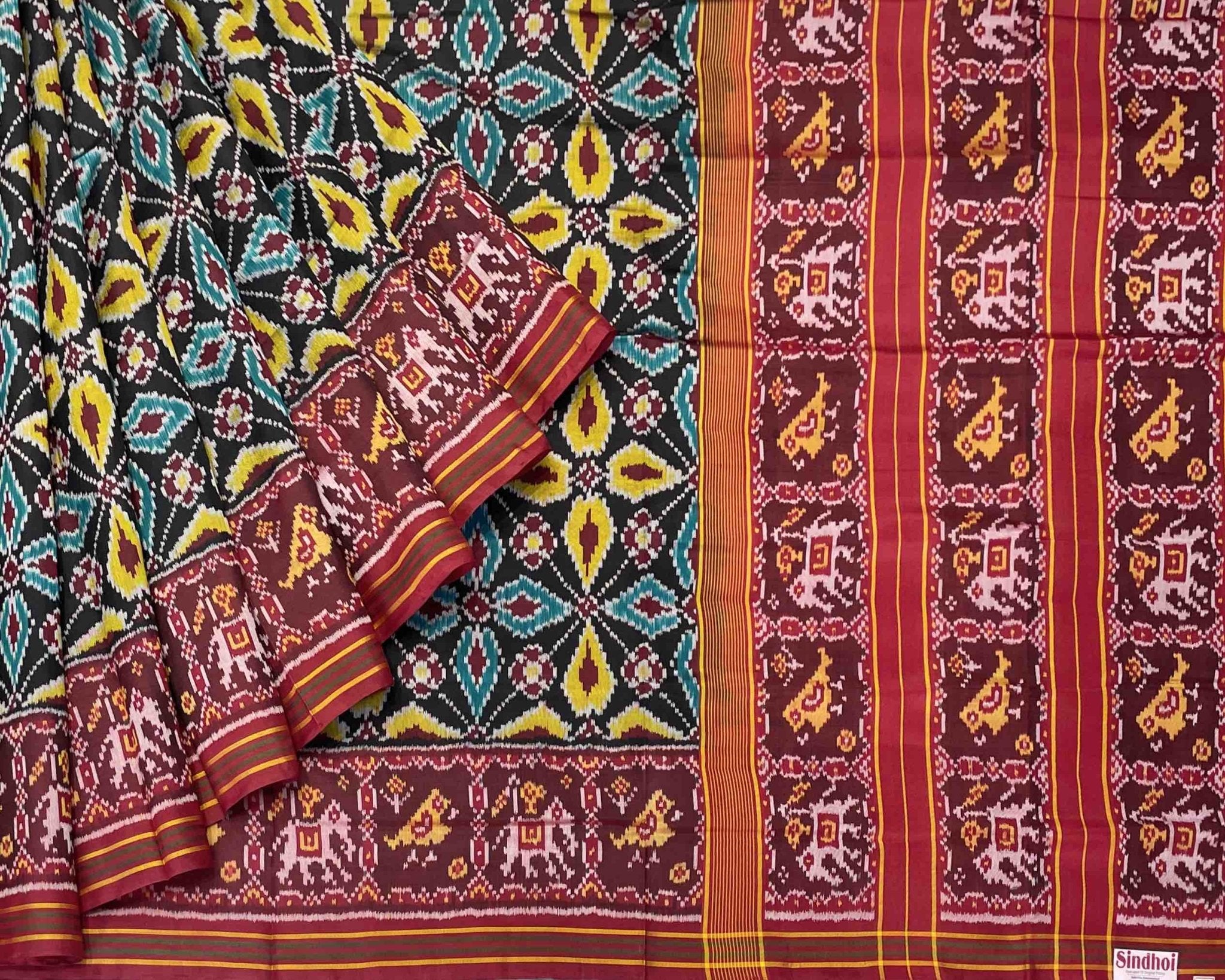 black new fancy design with traditional red narikunj pallu patola saree - SindhoiPatolaArt