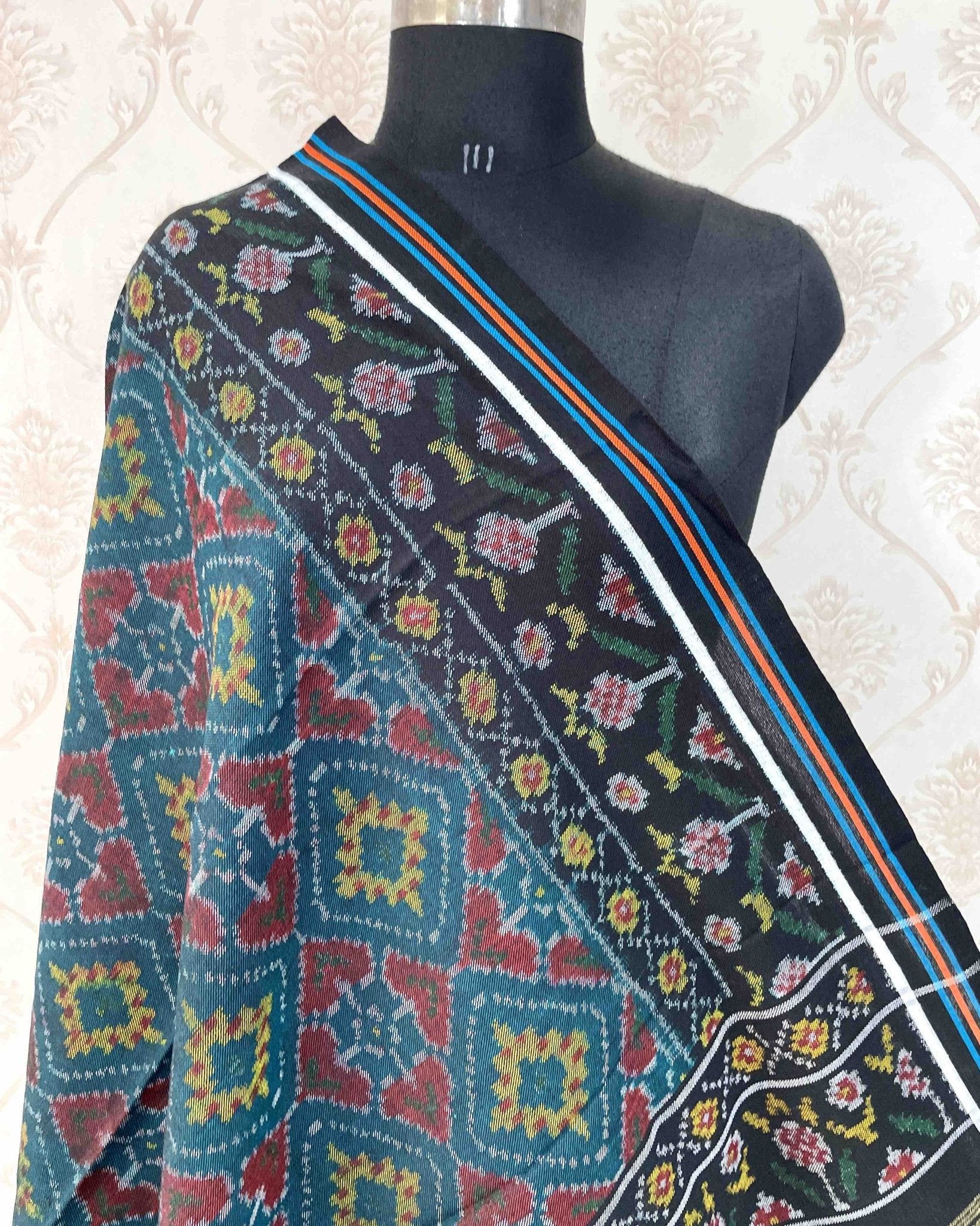 Black & Turquoise Panchanda Patola Shawl - SindhoiPatolaArt