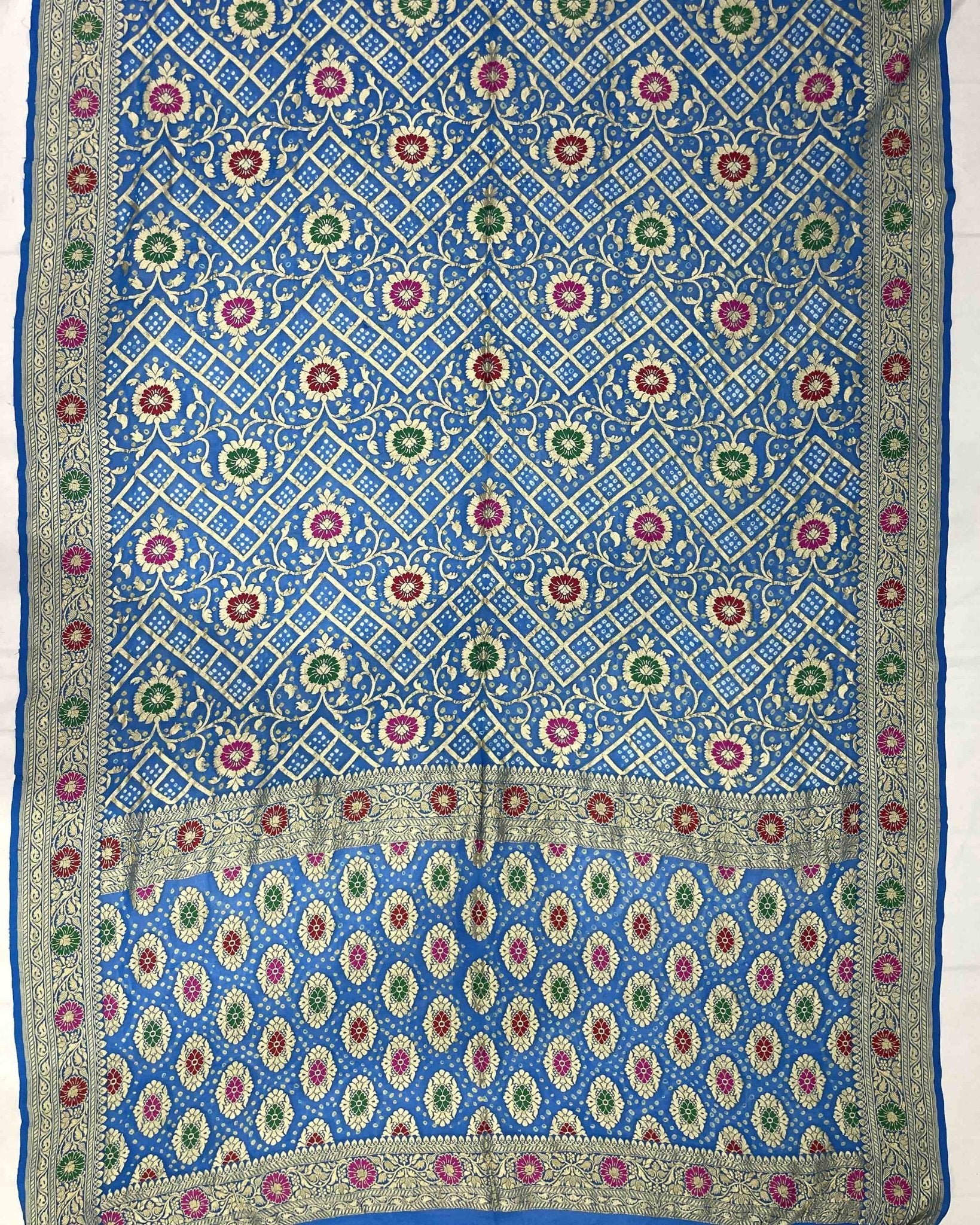 Blue & Green Bandhani Saree - SindhoiPatolaArt