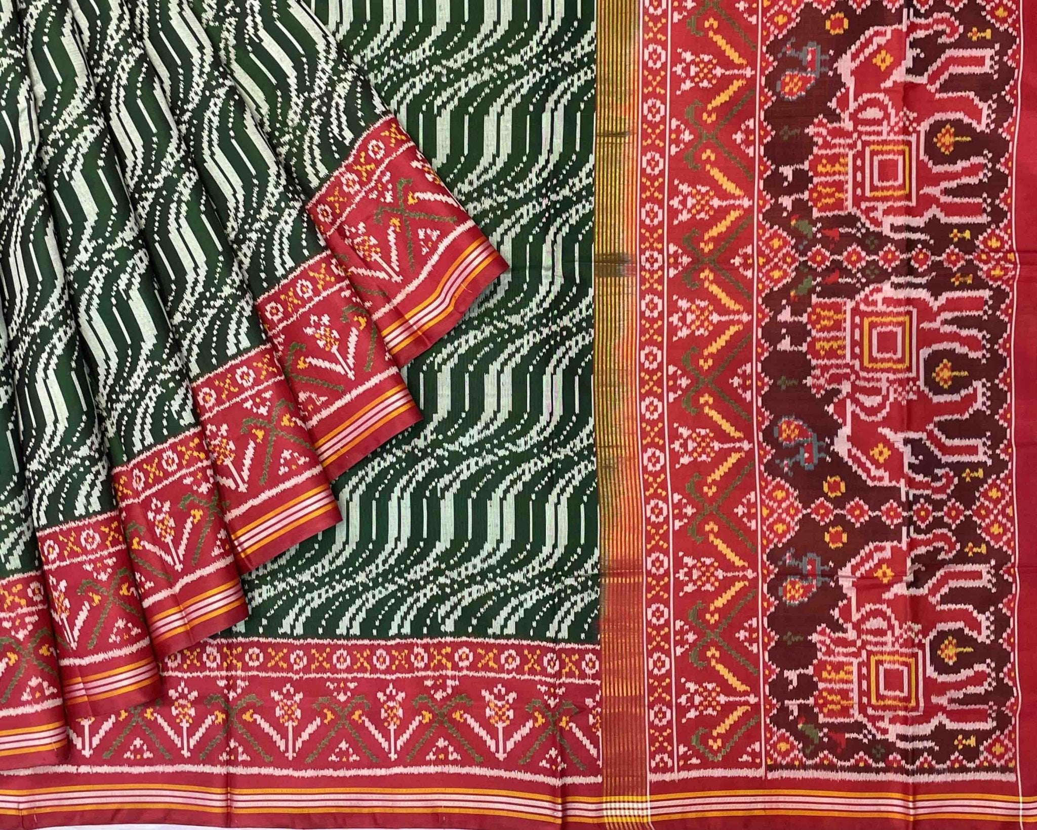 Green & Red Floting leaves design Patola - SindhoiPatolaArt