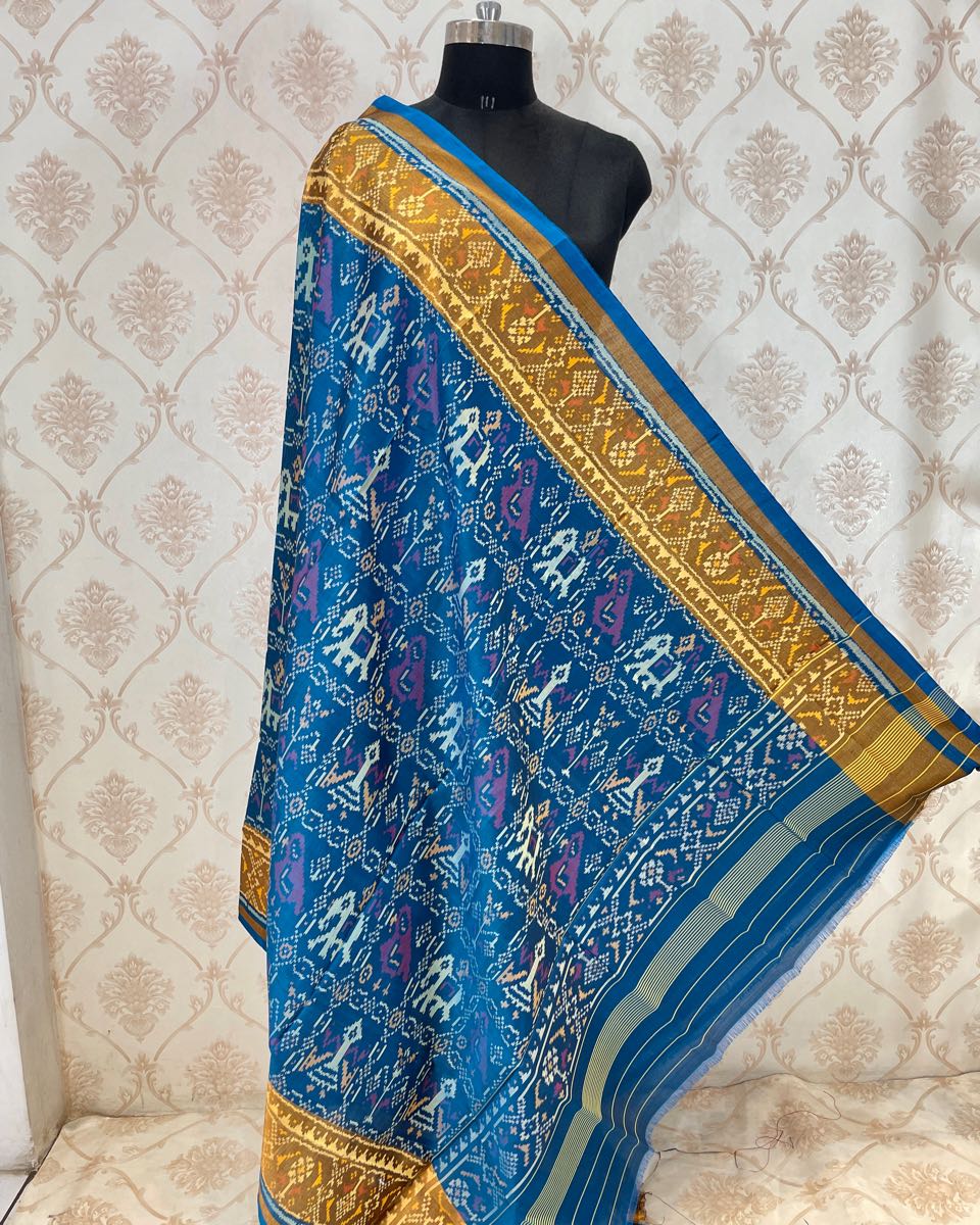 Peacock blue narikunj in sankadi Patola Dupatta - SindhoiPatolaArt