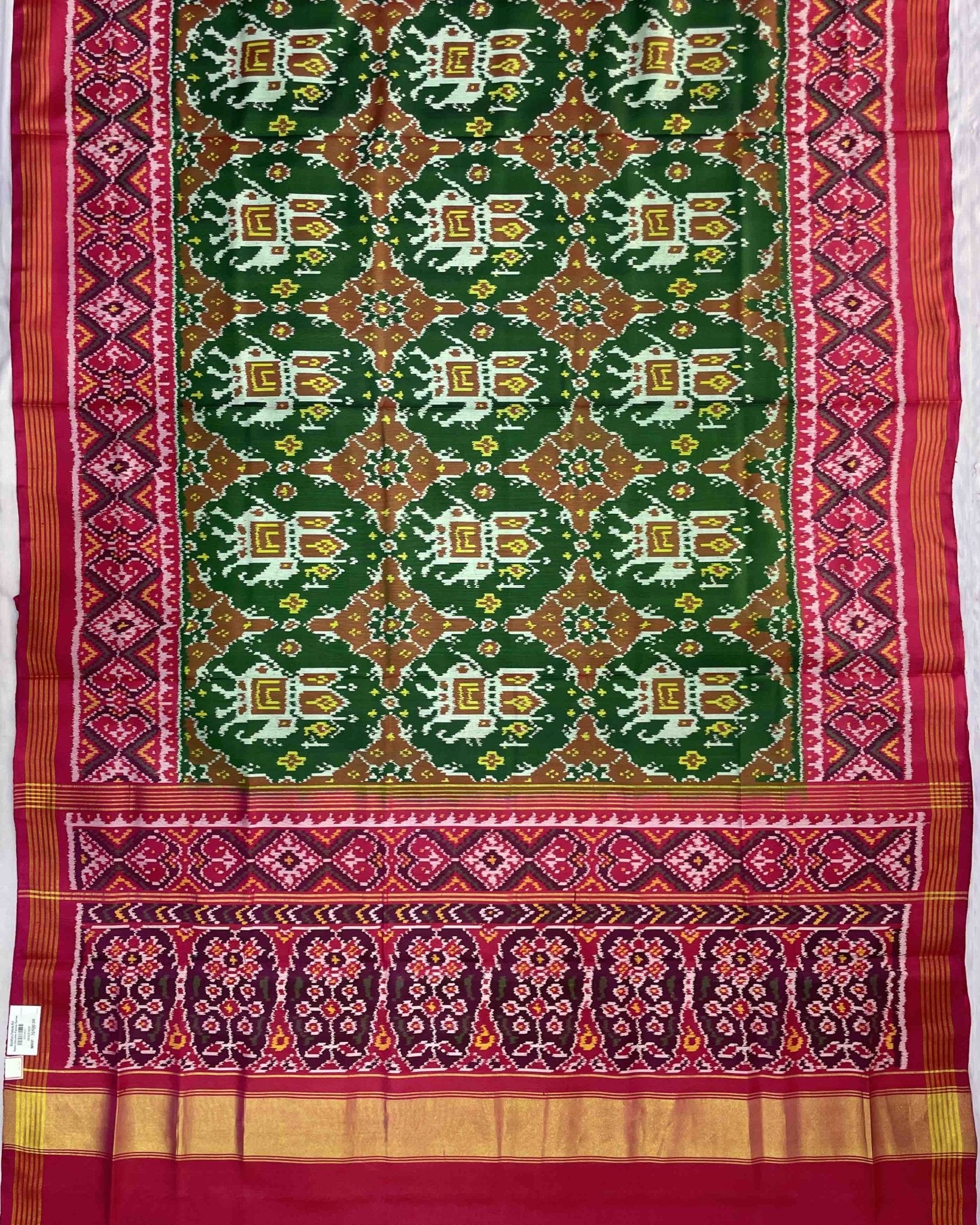 Pink & Green Elephant Chhabdi Traditional Designer Patola Saree - SindhoiPatolaArt