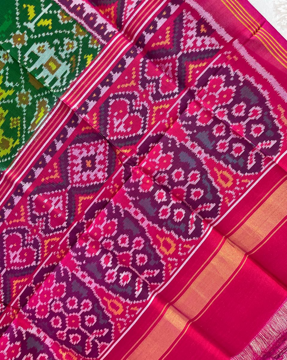 Pink & Green Narikunj Designer Patola Dupatta - SindhoiPatolaArt