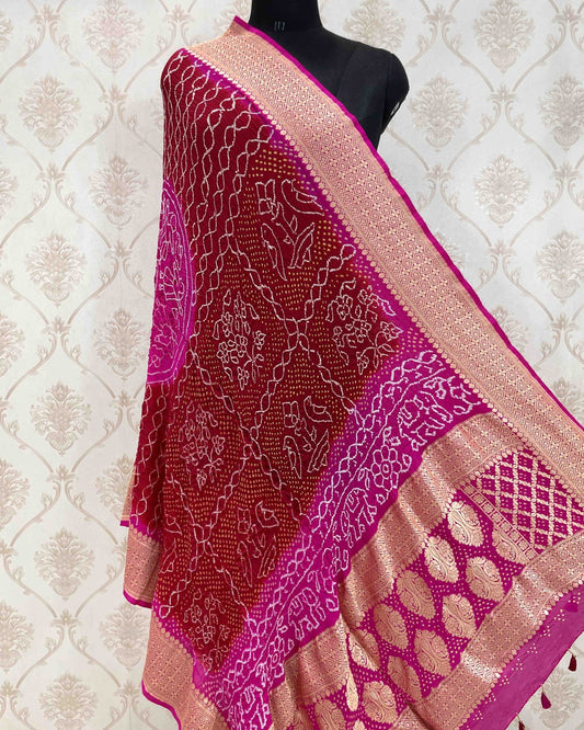 Pink & Maroon Rai dana Georgette Bandhani Dupatta - SindhoiPatolaArt