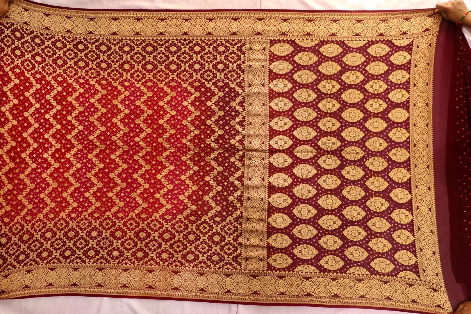 Red and maroon Georgette Bandhani Saree - SindhoiPatolaArt