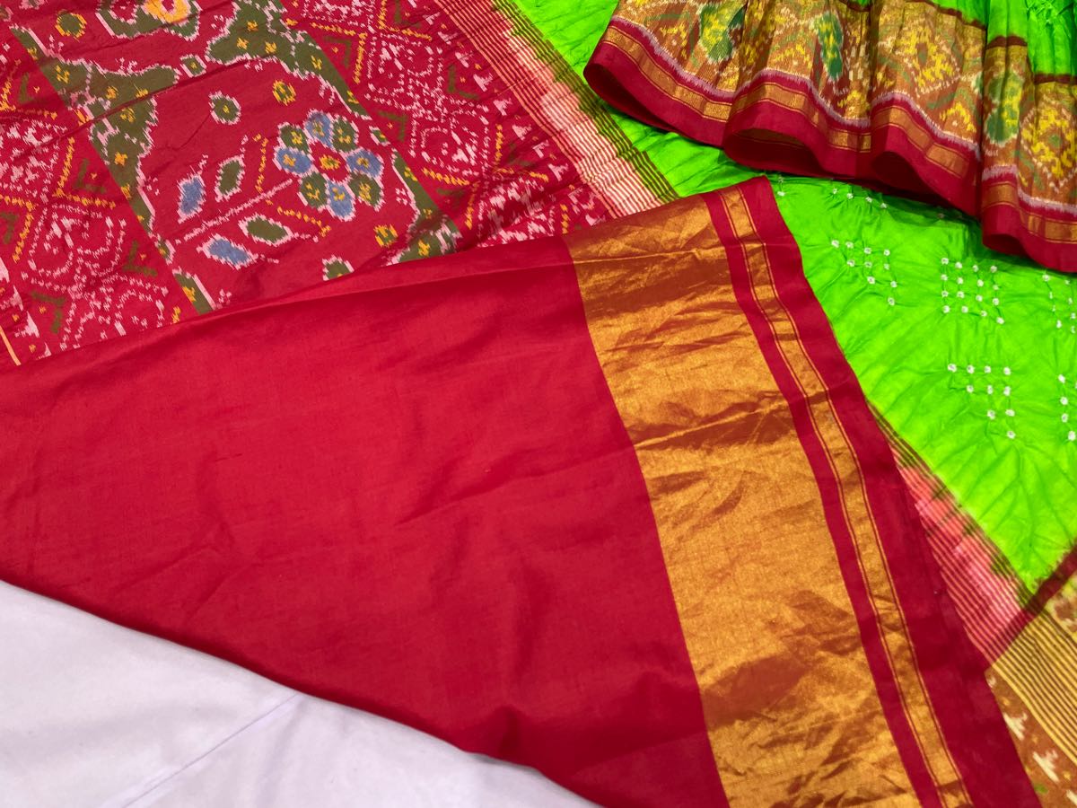 Red and parrot green patola with bandhej - SindhoiPatolaArt