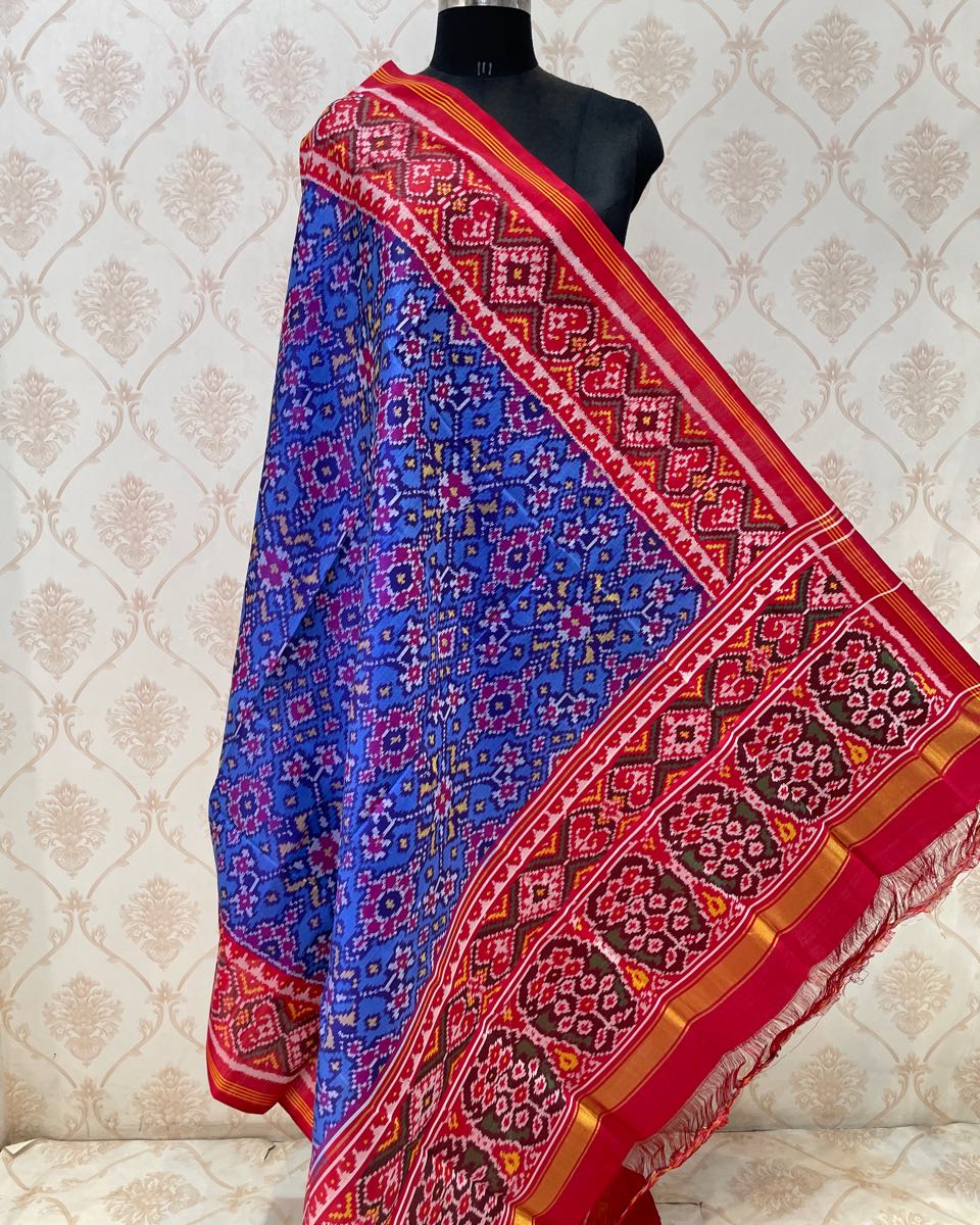 Red & Blue Navratan Patola Dupatta - SindhoiPatolaArt