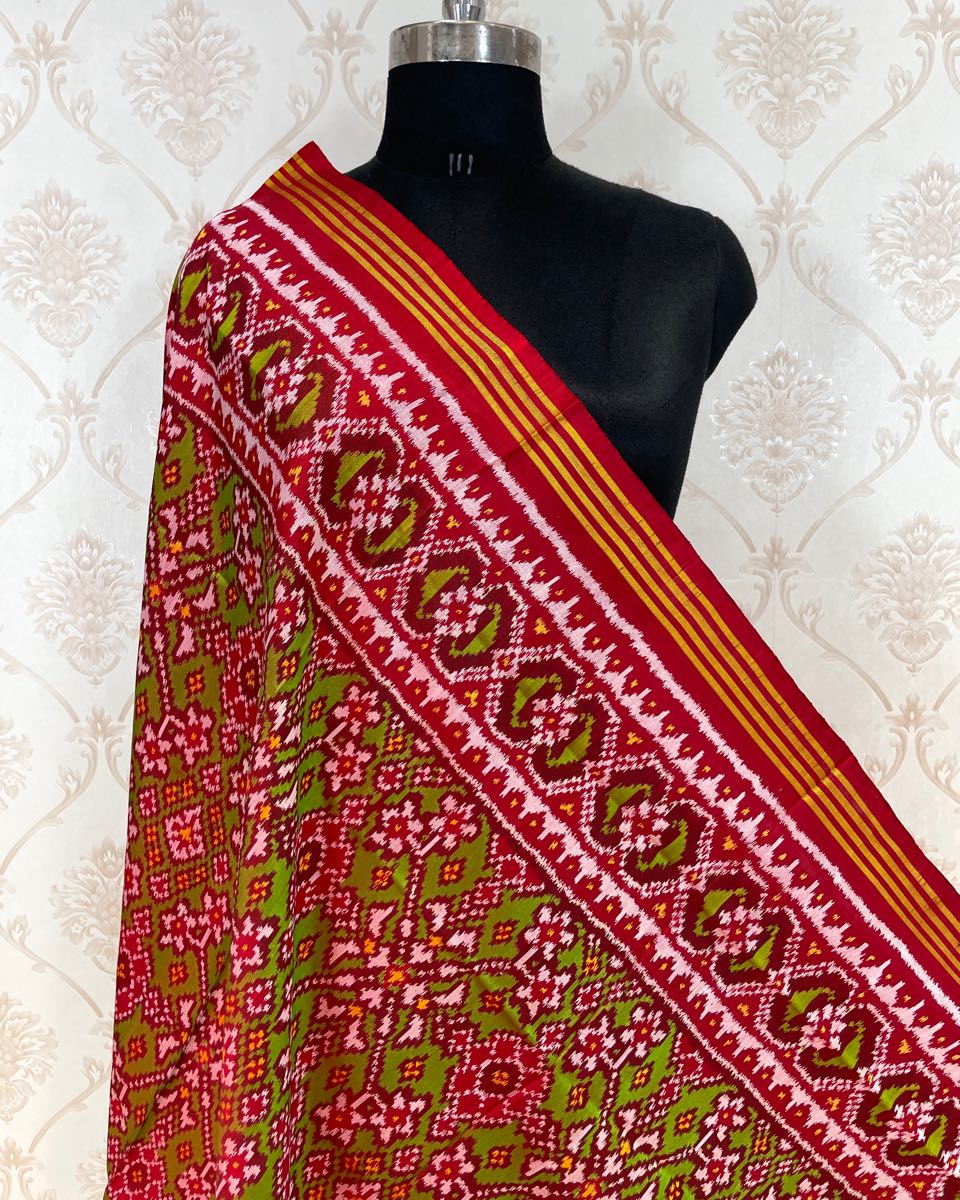 Red & Green Navratan Patola Dupatta - SindhoiPatolaArt