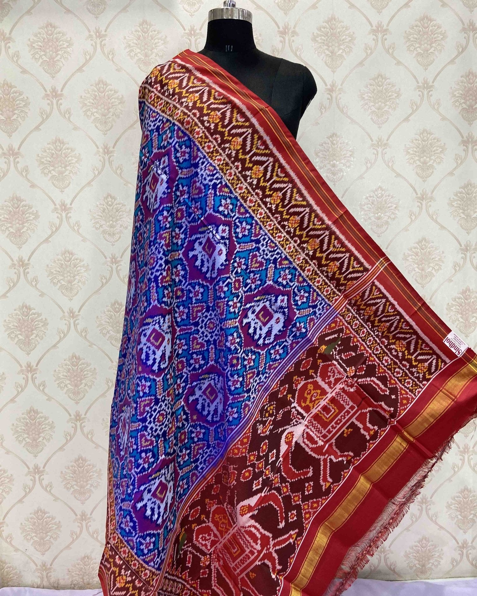 Red & Turquoise Elephant Manekchowk Designer Patola Dupatta - SindhoiPatolaArt