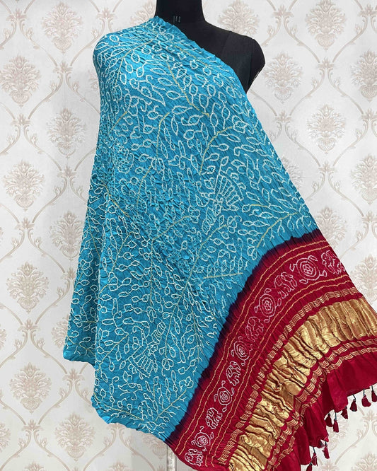 Sky Blue & Red Bandhani Dupatta - SindhoiPatolaArt