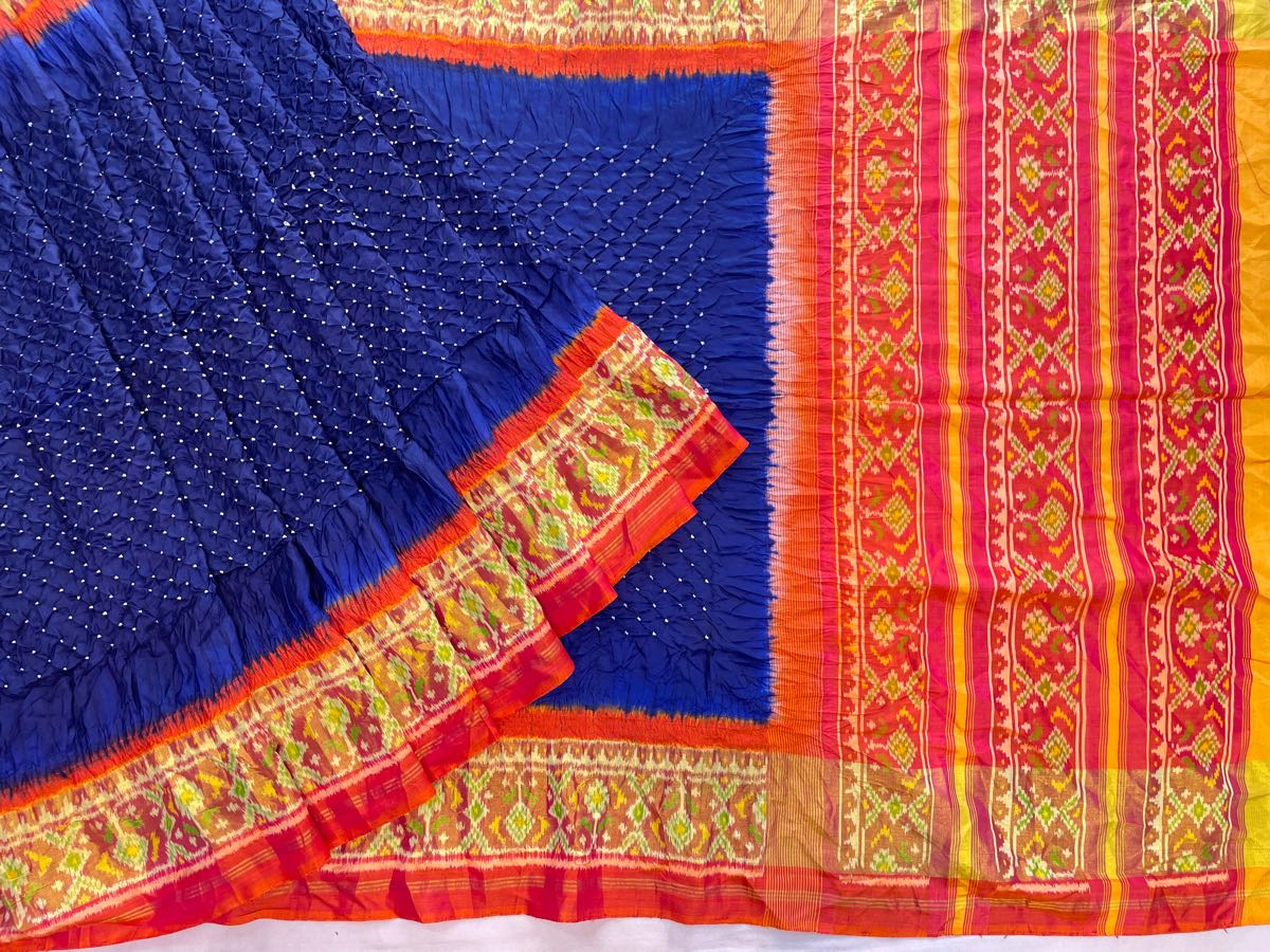 Red and blue patola with bandhej