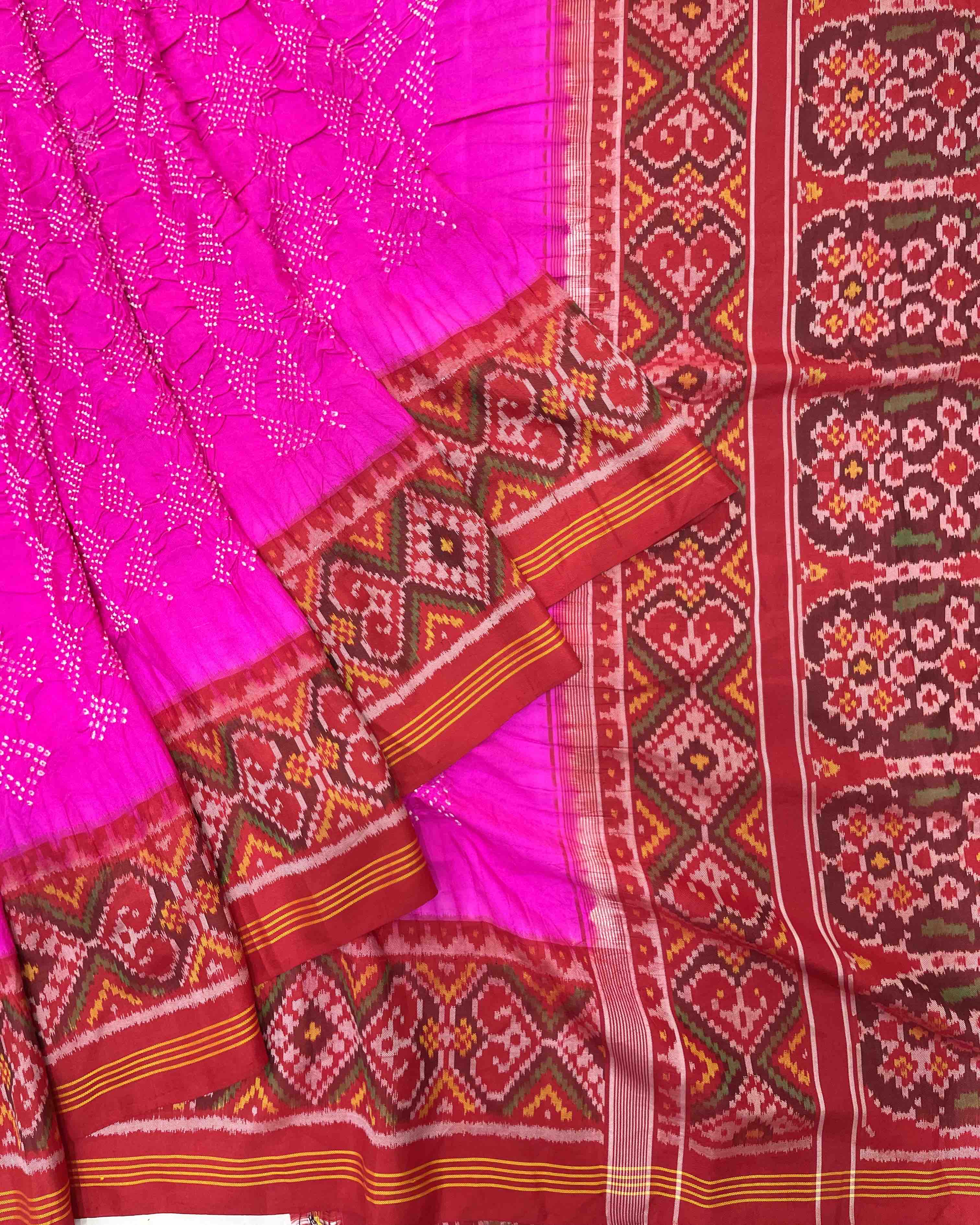 Red & Pink Flower Design Pallu Patola Bandhej