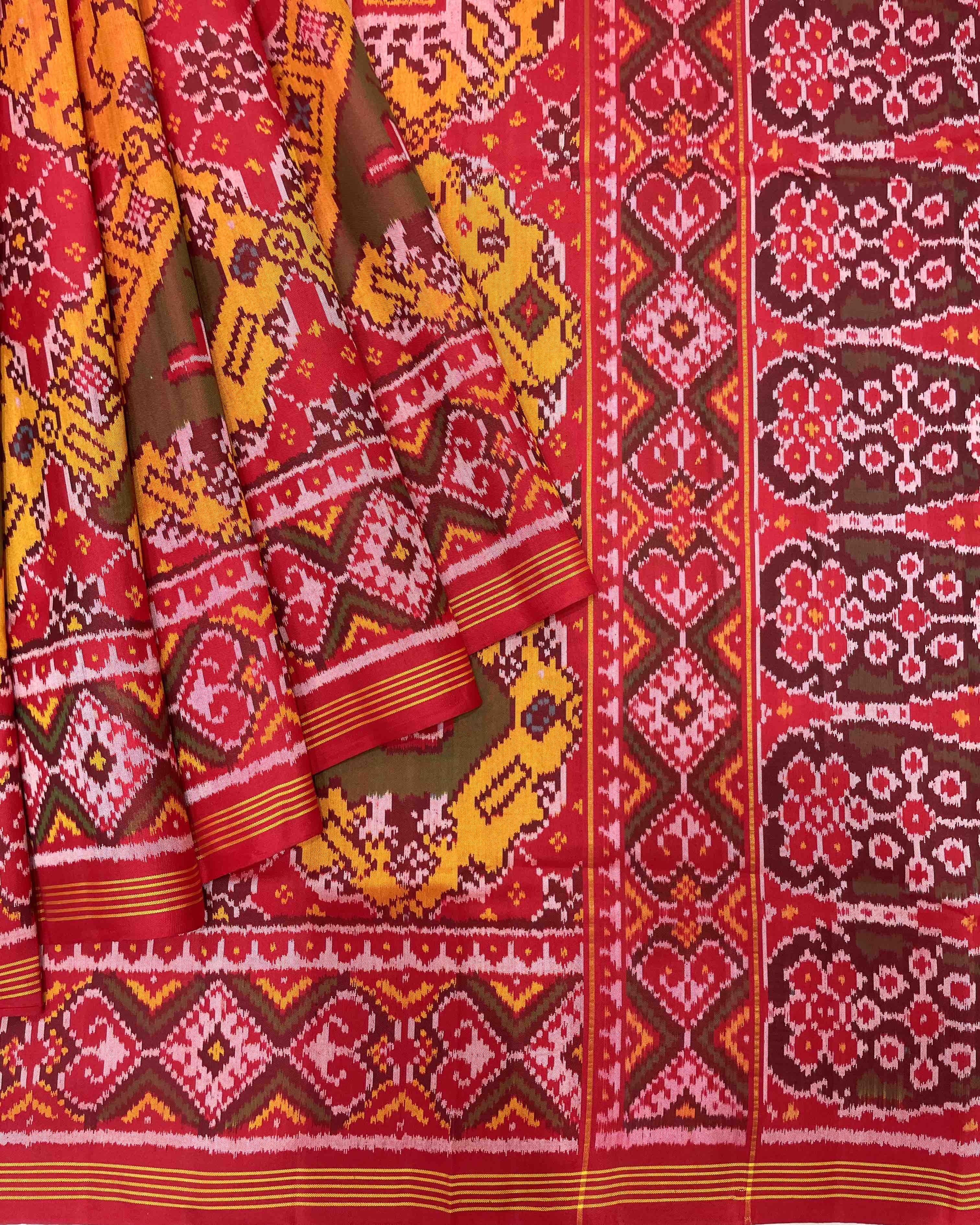 Red & Yellow Big Figure Haathi Popat Chhabdi Designer Patola Saree