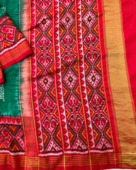 Green & Red Flower Design Pallu Patola Bandhej