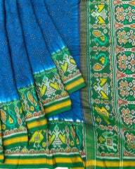 Navy Blue & Green Flower Design Pallu Patola Bandhej