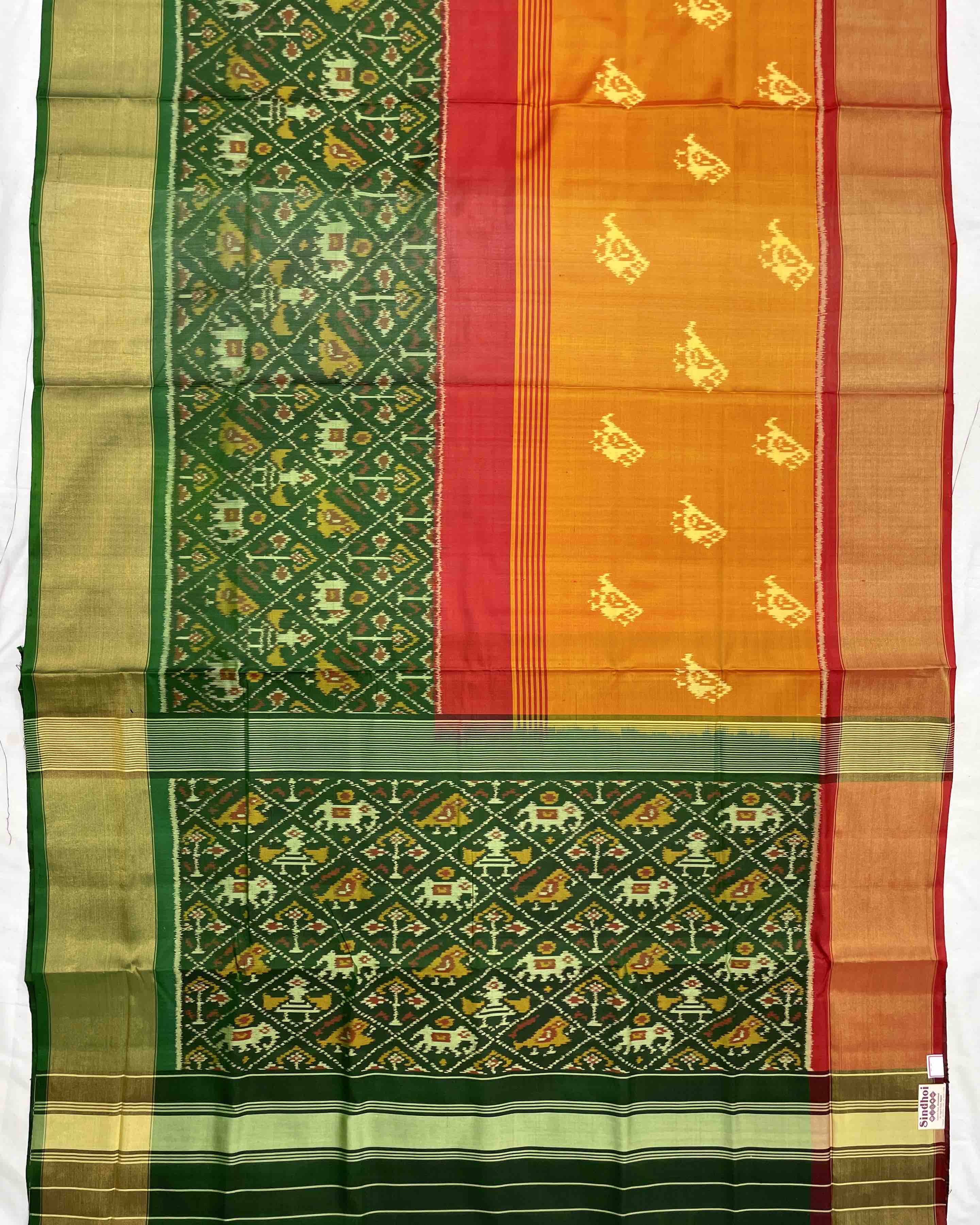 Green,Red & Yellow Narikunj Scut Border Designer Patola Saree