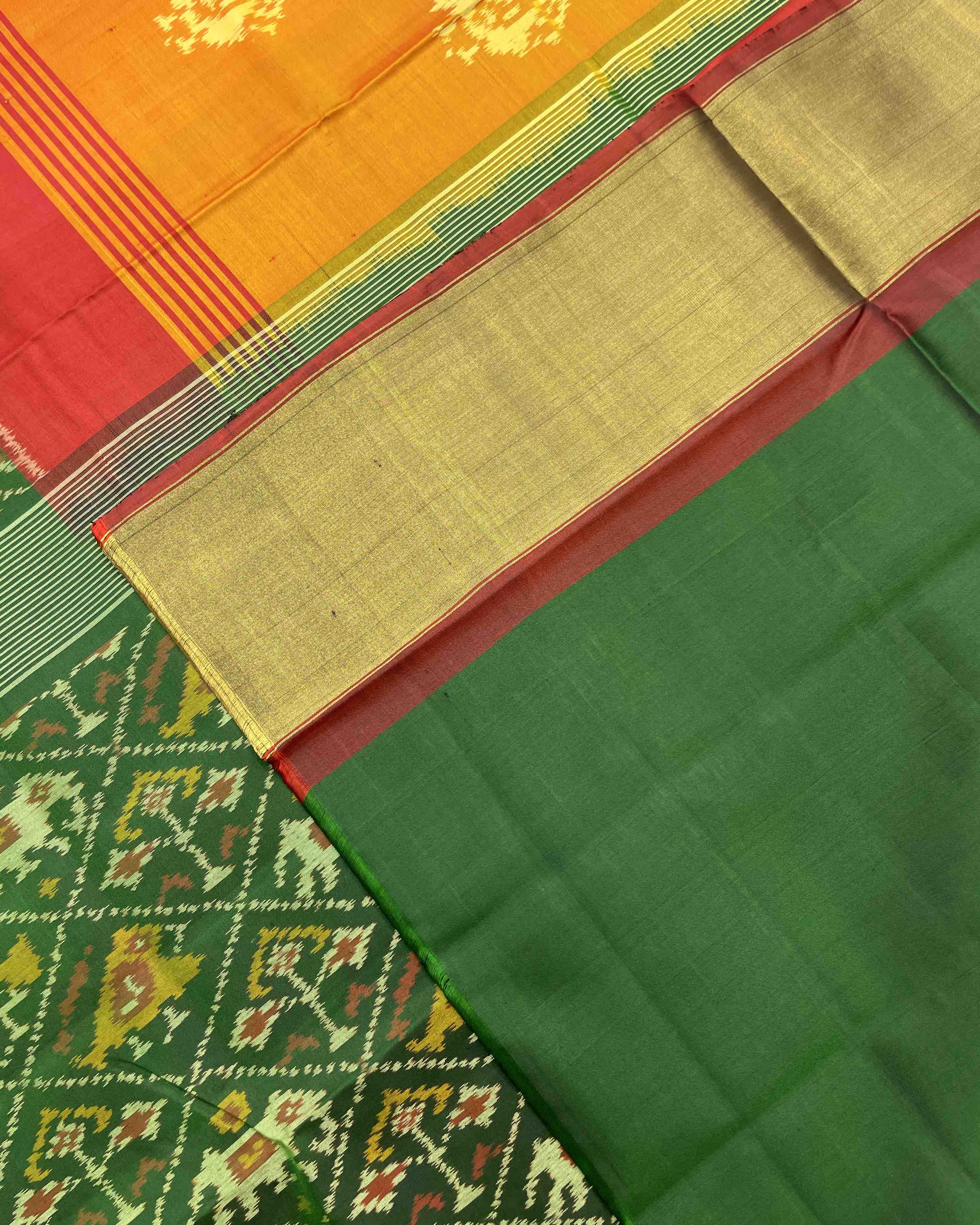 Green,Red & Yellow Narikunj Scut Border Designer Patola Saree