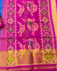 Pink & Blue Doted With Parrot Scut Border Designer Patola Saree