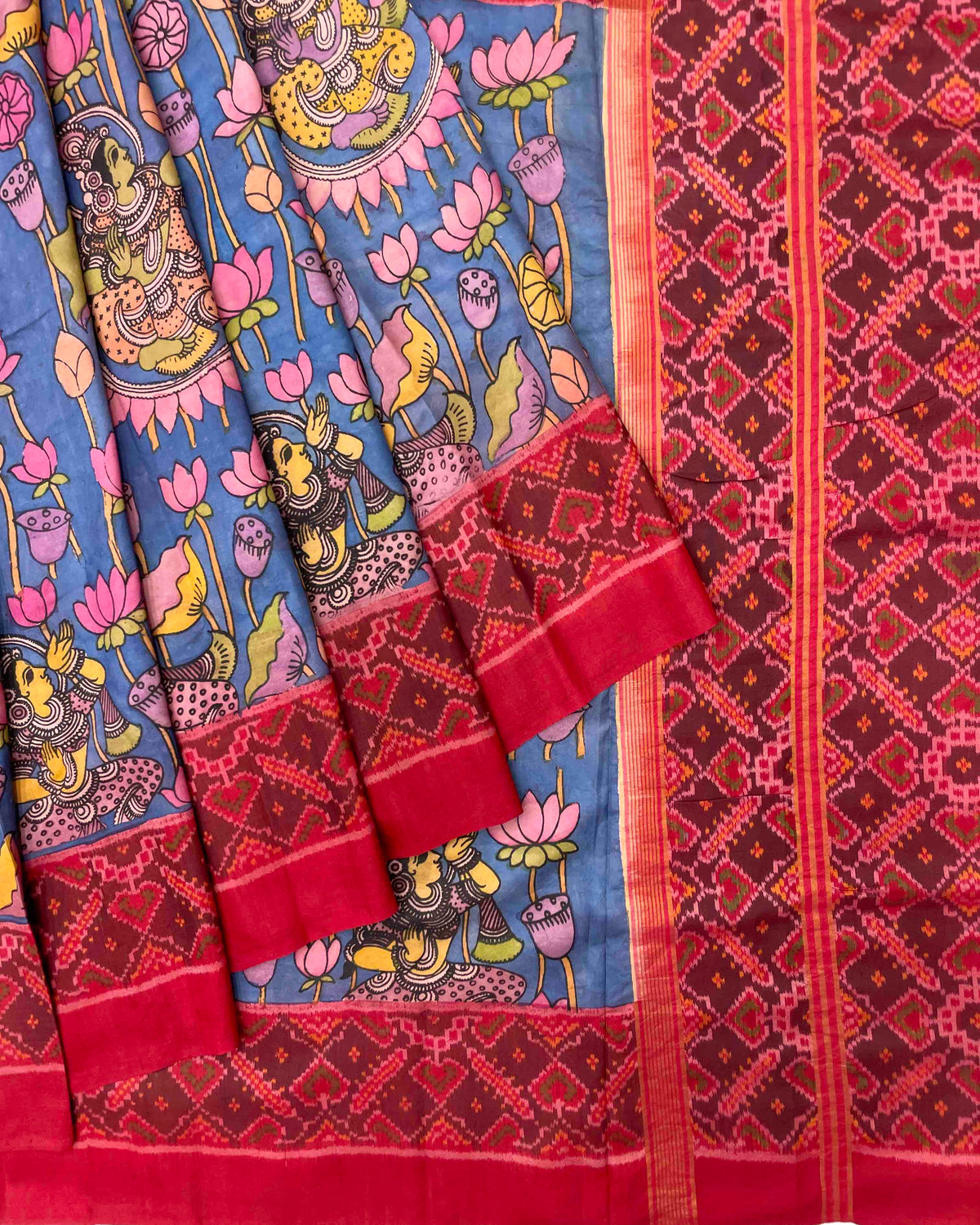 Red & Blue Kalamkari Hand Painting With Manekchowk Pallu Patola Saree