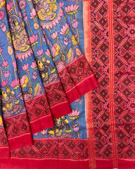Red & Blue Kalamkari Hand Painting With Manekchowk Pallu Patola Saree