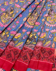 Red & Blue Kalamkari Hand Painting With Manekchowk Pallu Patola Saree